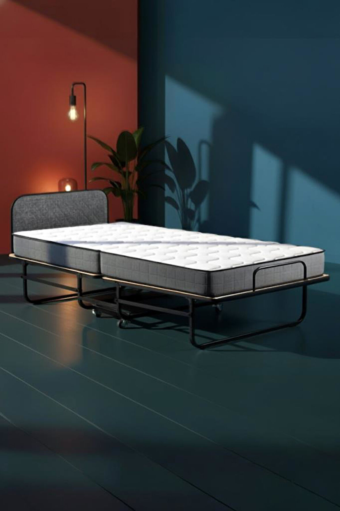 Niron Bonbon Katlanır Yatak | 90x200 cm | Metal Karyola, Kapitoneli Metal Başlık, 14 cm Sünger Yatak