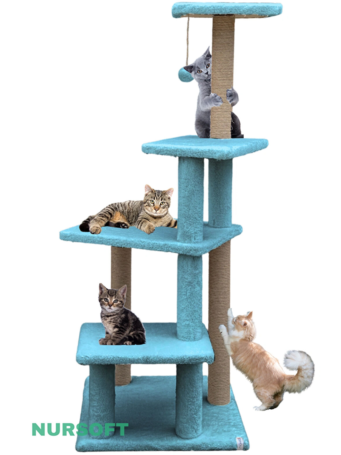 Katlı Büyük Boy Kedi Tırmalama Tahtası Jüt İpli Welsoft Kumaşlı Oyun Alanı Turkuaz