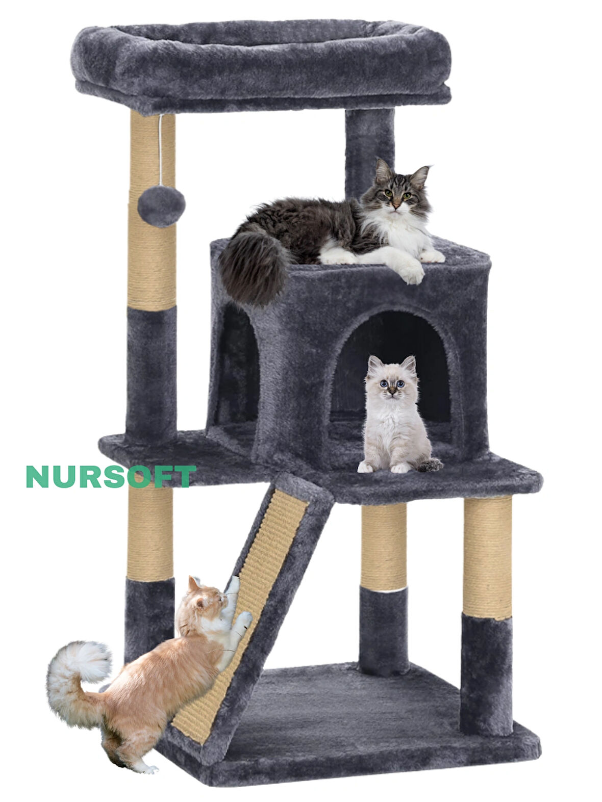 Demonte Kurulabilir Katlı Teraslı Welsoft Kumaşlı Jüt İp Tırmalamalı Kedi Yuvası Antrasit