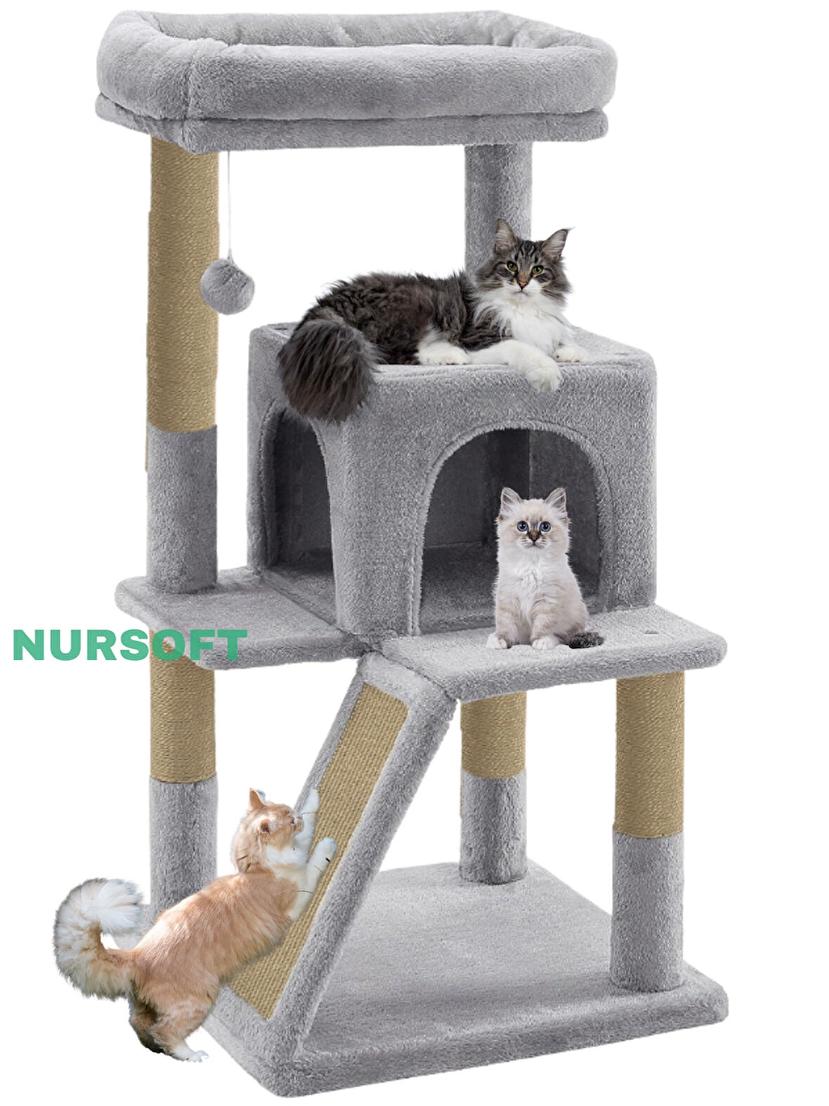 Demonte Kurulabilir Katlı Teraslı Welsoft Kumaşlı Jüt İp Tırmalamalı Kedi Yuvası Gri