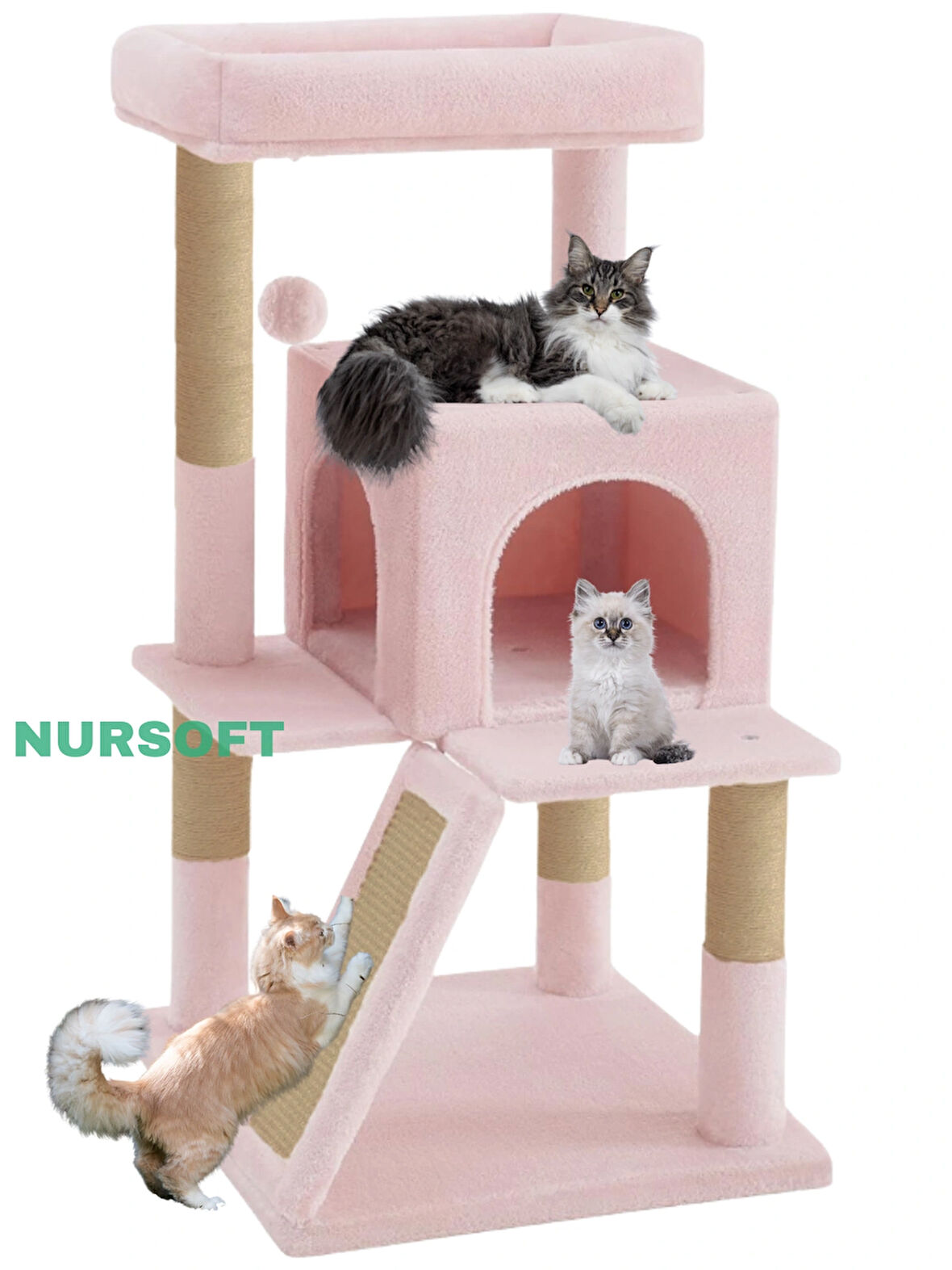 Demonte Kurulabilir Katlı Teraslı Welsoft Kumaşlı Jüt İp Tırmalamalı Kedi Yuvası Pembe