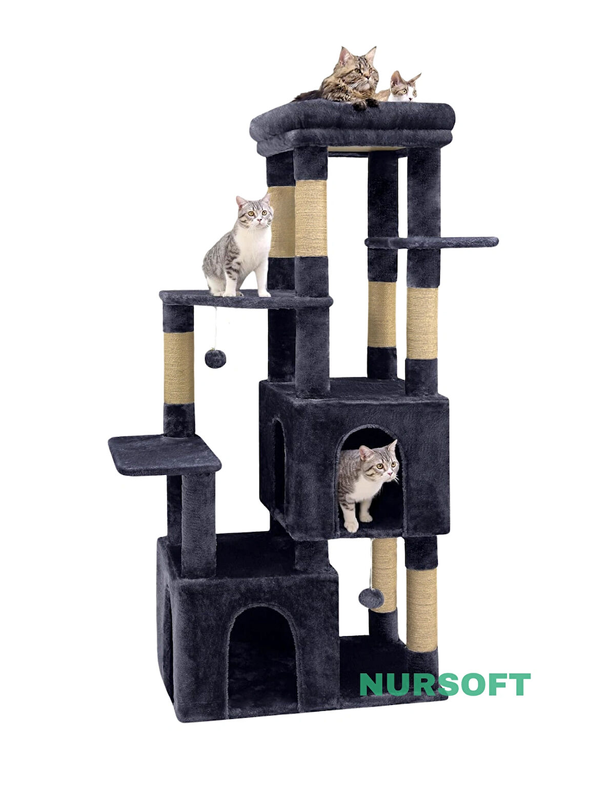 Çok Katlı Tırmalamalı Ponponlu Teraslı Lüx Kedi Eğlenceli Oyun Evi Nursoft-0108