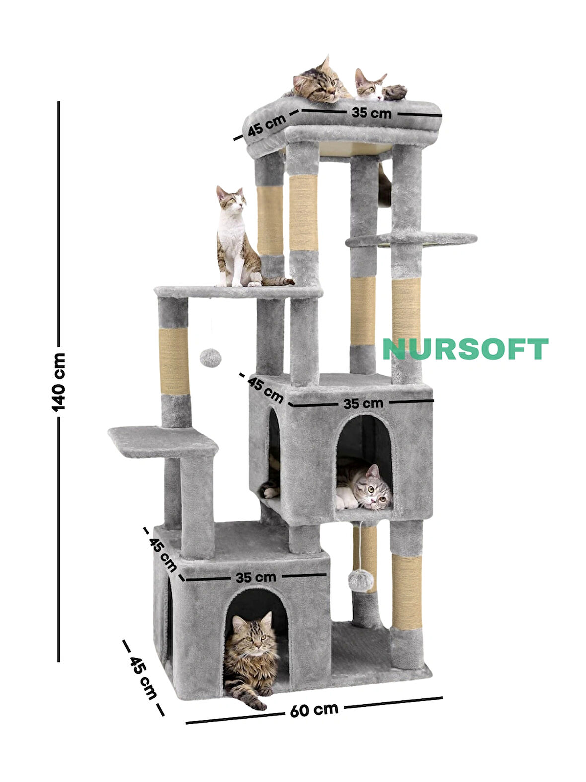 Çok Katlı Tırmalamalı Ponponlu Teraslı Lüx Kedi Eğlenceli Oyun Evi Nursoft-0108
