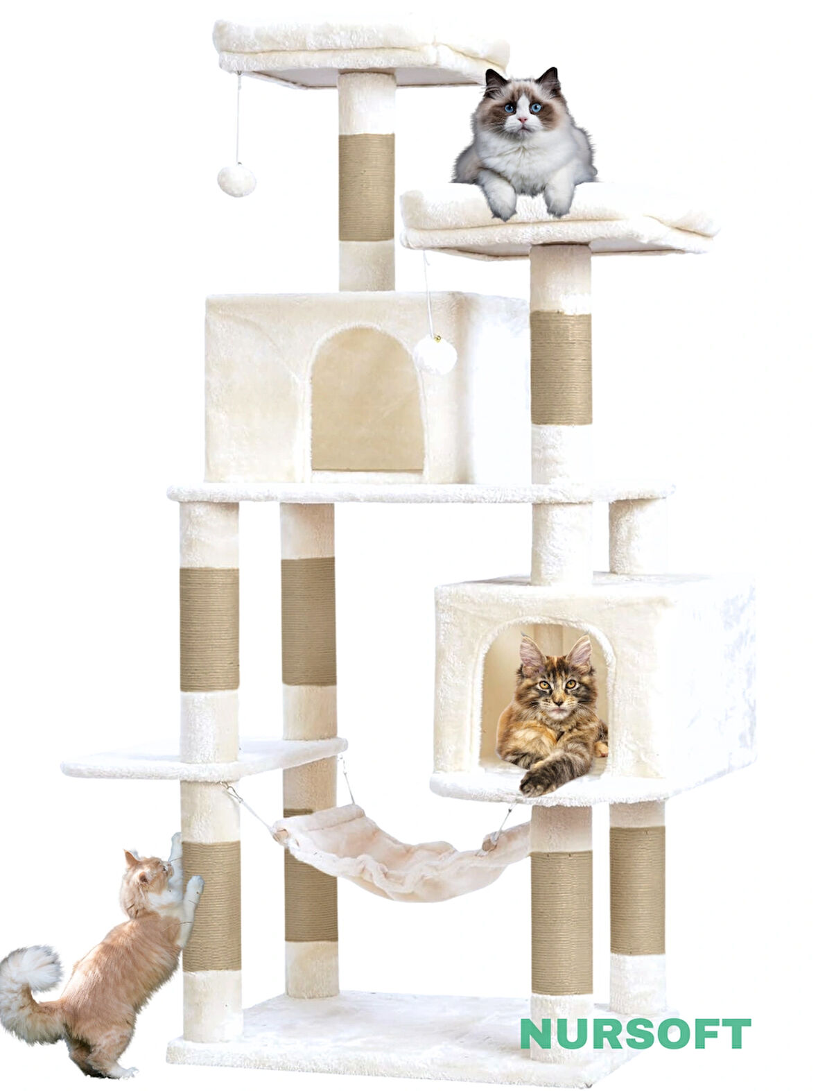Demonte Kurulabilir Çift Yuvalı Lüx Büyük Boy Jüt Ip Tırmalamalı Kedi Oyun Evi Kedi Tırmalaması Beyaz