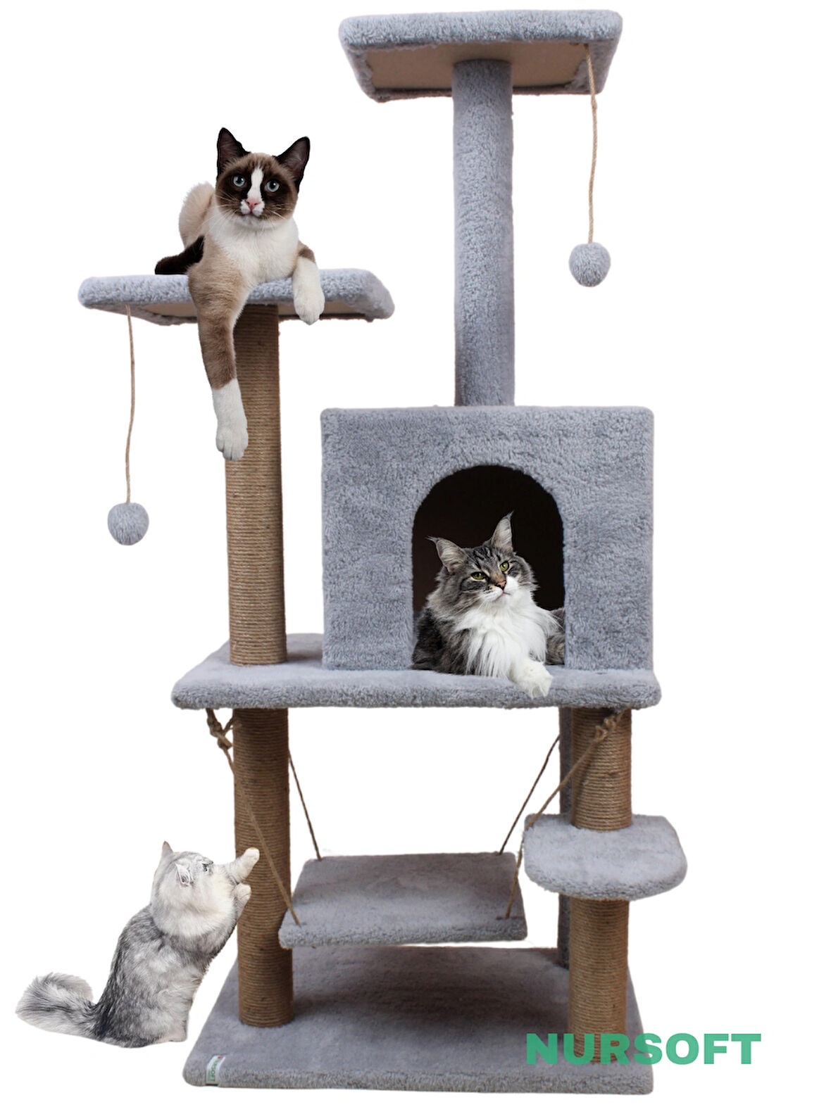 Nursoft Çok Katlı Salıncaklı Ve Jüt İp Tırmalama Tahtalı Welsoft Kumaşlı Kedi Evi ve Oyun Alanı Gri