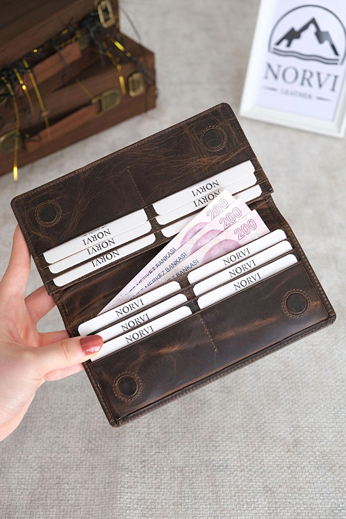 Telefon Bölmeli El Tutamaçlı Hakiki Deri Cüzdan Koyu Kahverengi