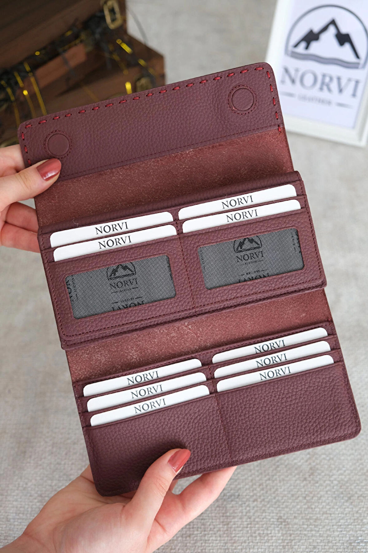 Saraciye Dikişli Telefon Bölmeli Hakiki Deri Cüzdan Bordo Renk