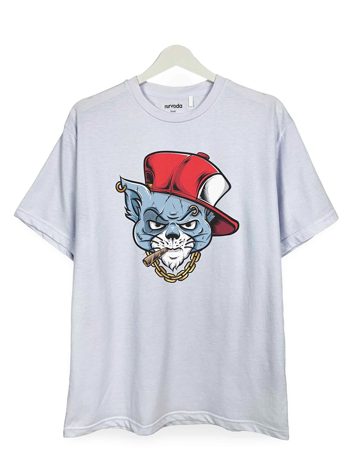 Gangster Şapkalı Kedi Baskılı Loose Fit Bisiklet Yaka Unisex Tişört