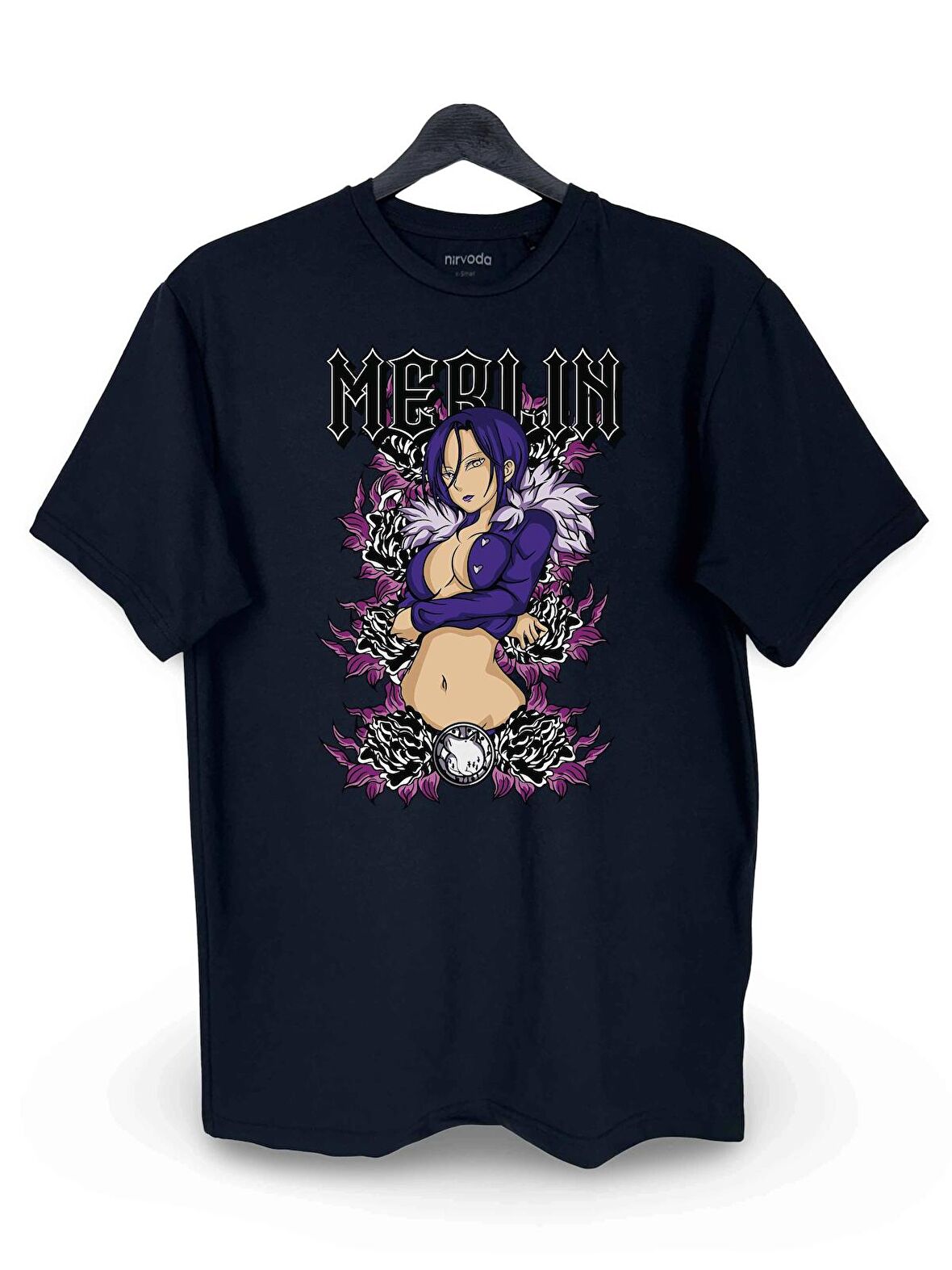 Merlin Nanatsu no Taizai Baskılı Loose Fit Bisiklet Yaka Unisex Tişört Anime Manga