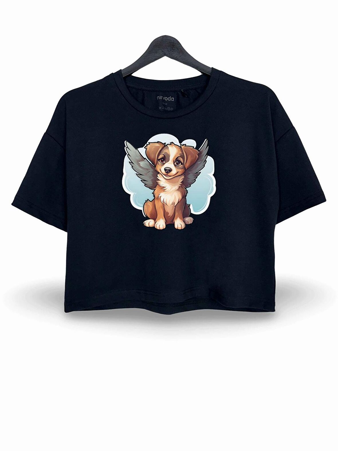 Melek Köpek Baskılı Oversize Crop Tişört