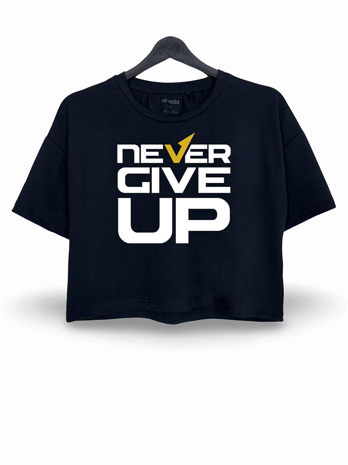 Never Give Up Yazılı Baskılı Oversize Crop Tişört Siyah