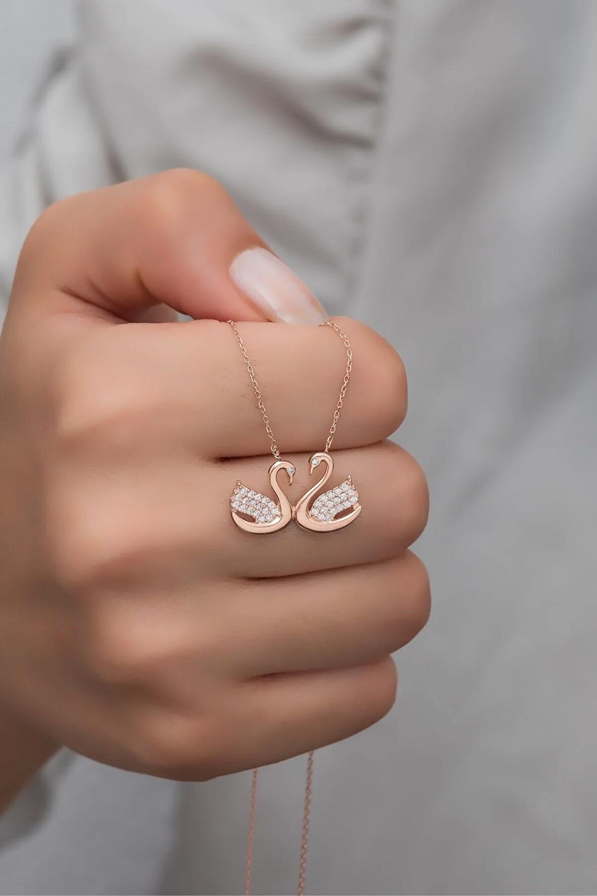 925 Ayar Gümüş Rose Çift Kuğu Kolye