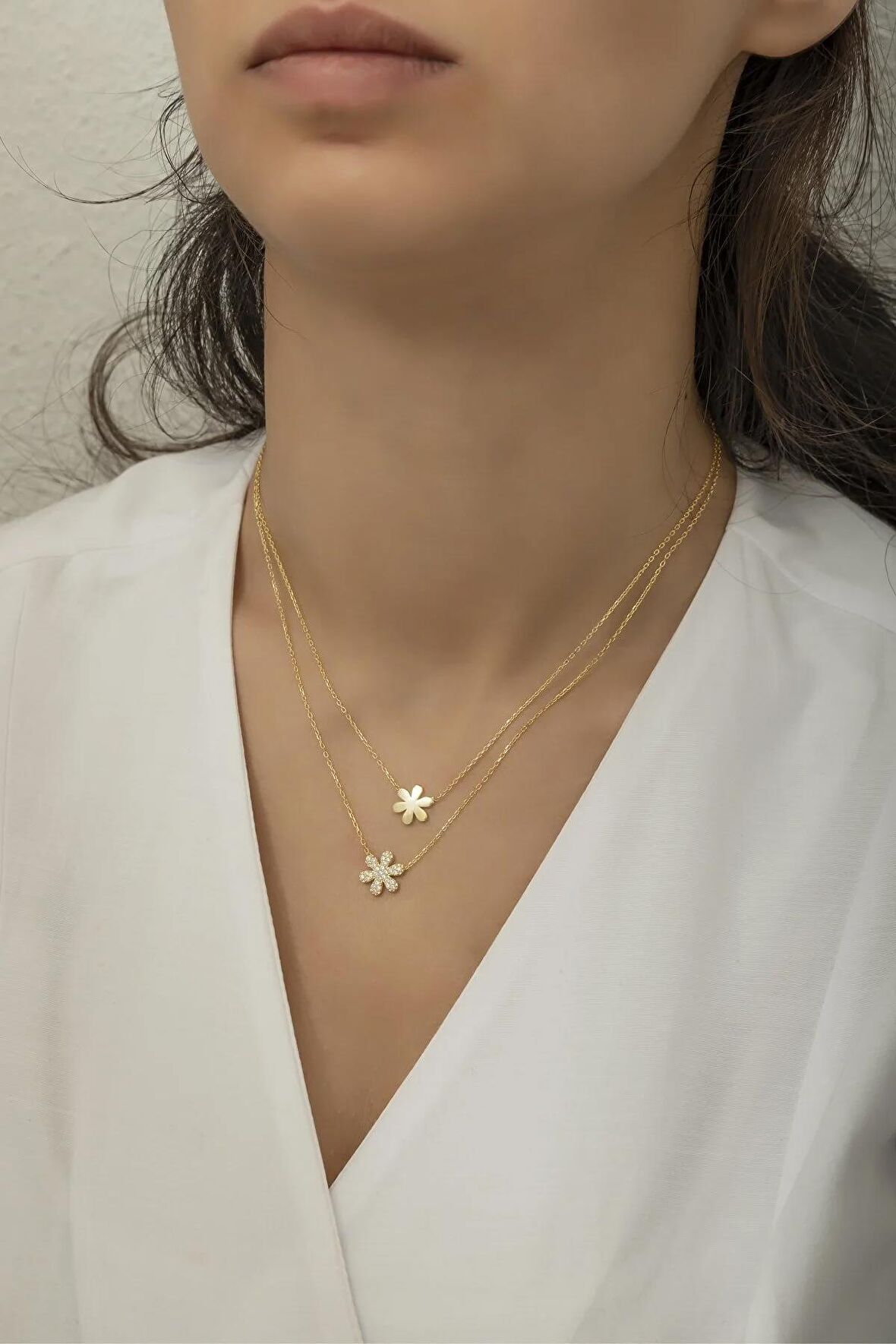 925 Ayar Gümüş Gold Çift Kır Çiçeği Kolye