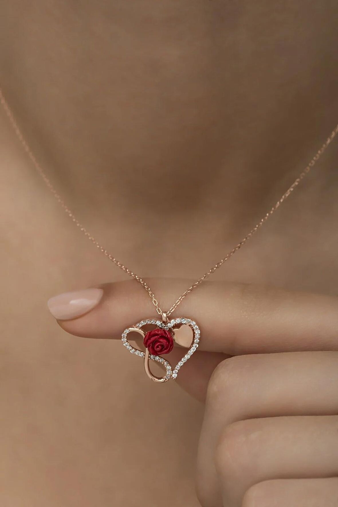 925 Ayar Gümüş Kalp Sonsuzluk Model Kırmızı Gül Kolye