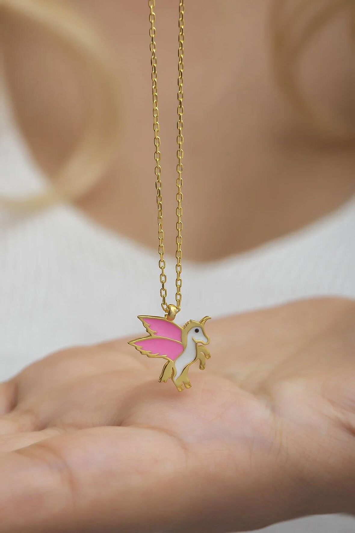 925 Ayar Gümüş Gold Pembe Mineli Unicorn Kolye