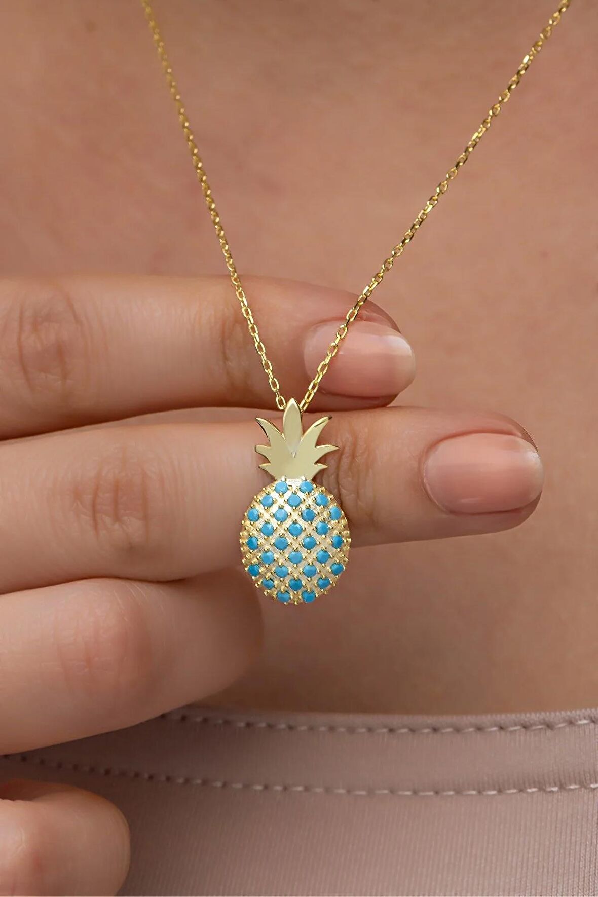 925 Ayar Gümüş Gold Kaplama Turkuaz Taşlı Ananas Kolye