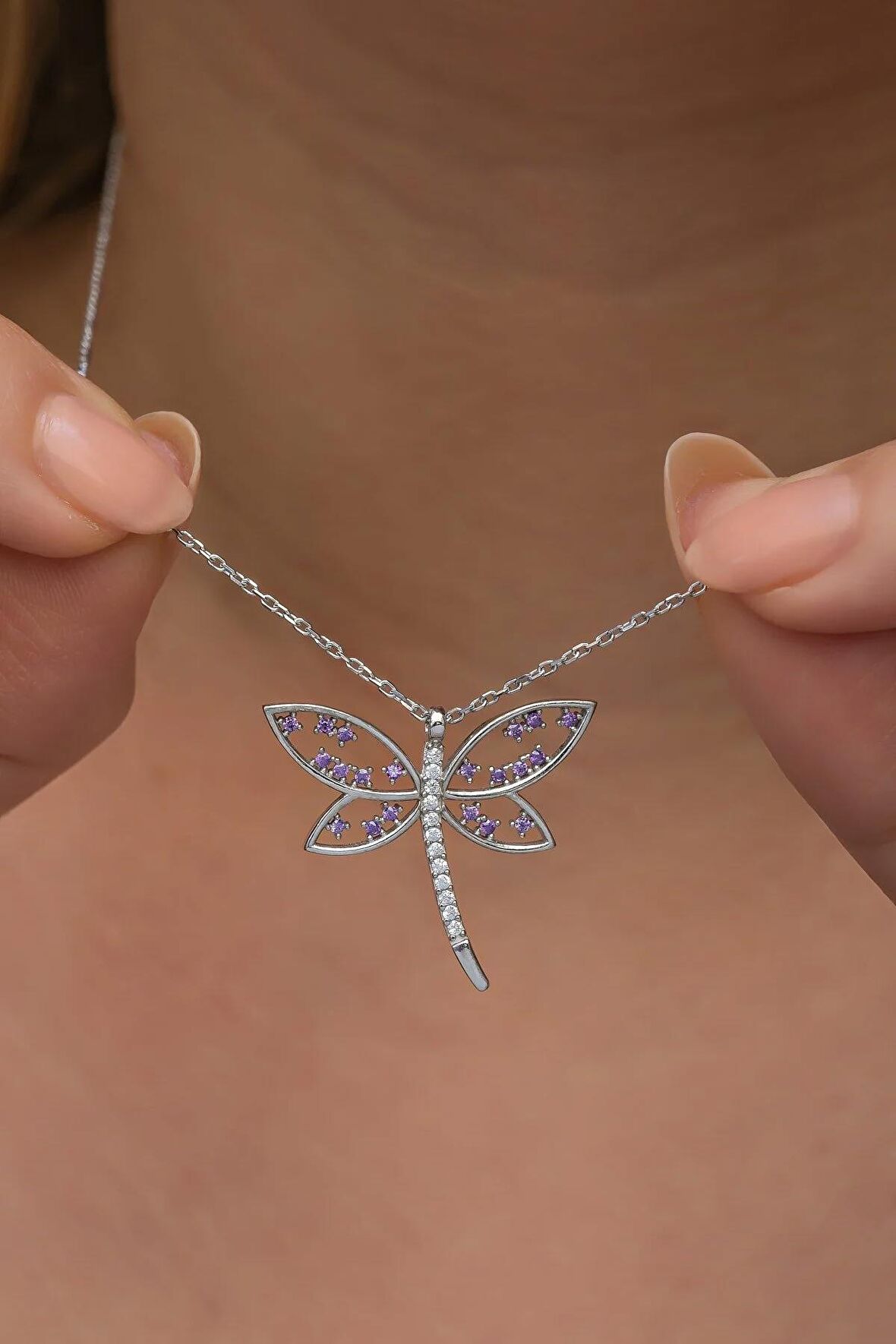 925 Ayar Gümüş Mor Zirkon Taşlı Yusufcuk Model Kolye