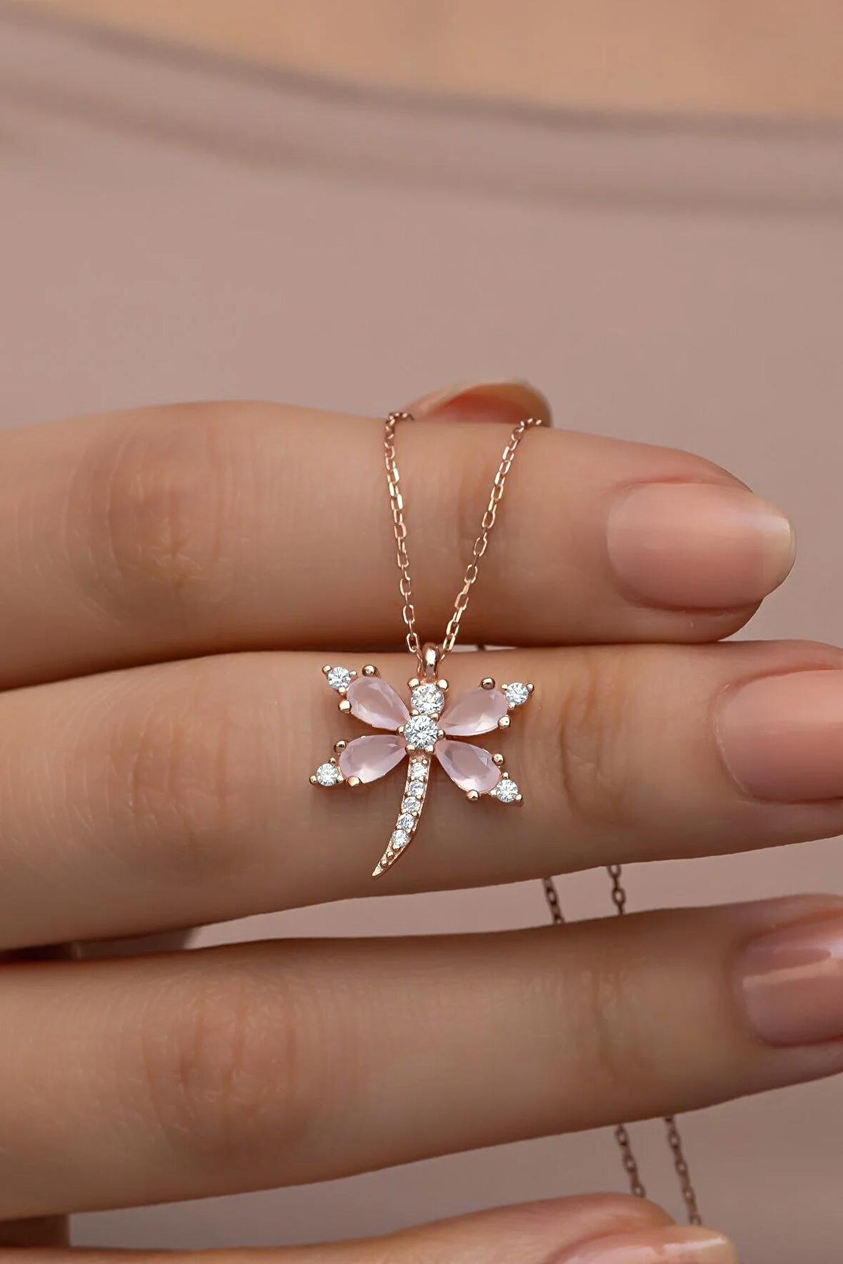 925 Ayar Gümüş Pembe Zirkon Taşlı Yusufcuk Kolye
