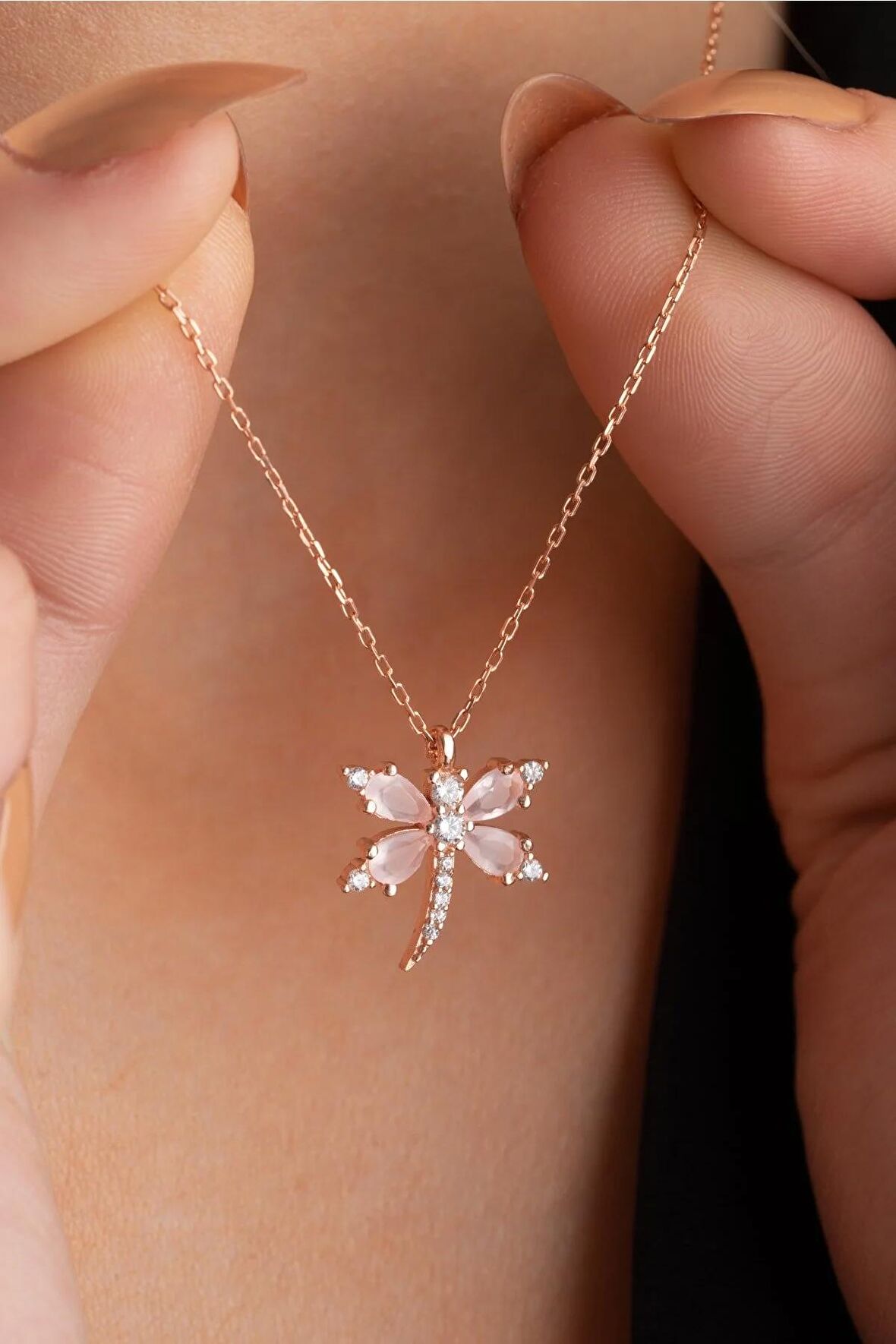 925 Ayar Gümüş Pembe Zirkon Taşlı Yusufcuk Model Şans Kolye