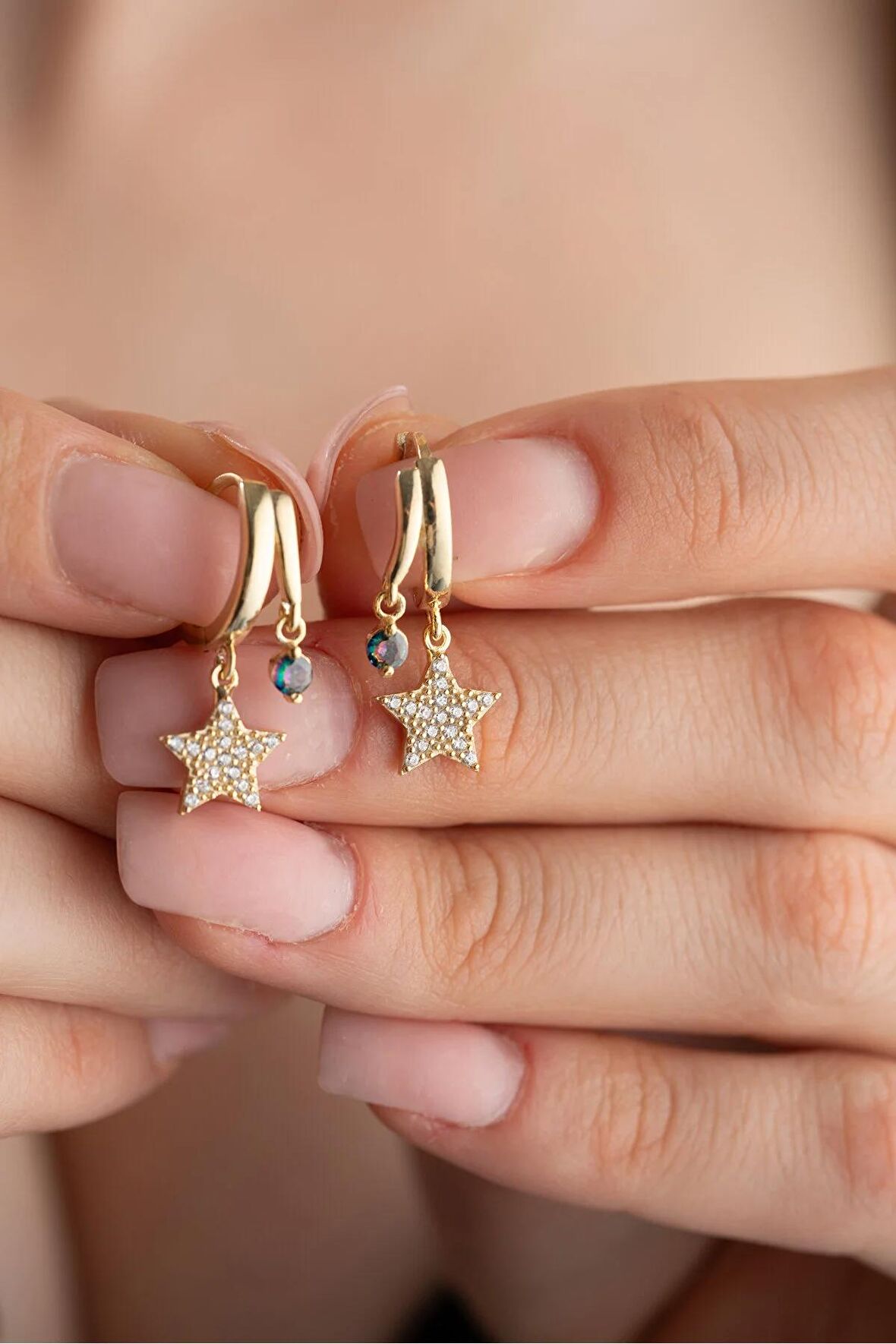 925 Ayar Gümüş Gold Mistik Topaz Taşlı 12 mm Yıldız Küpe
