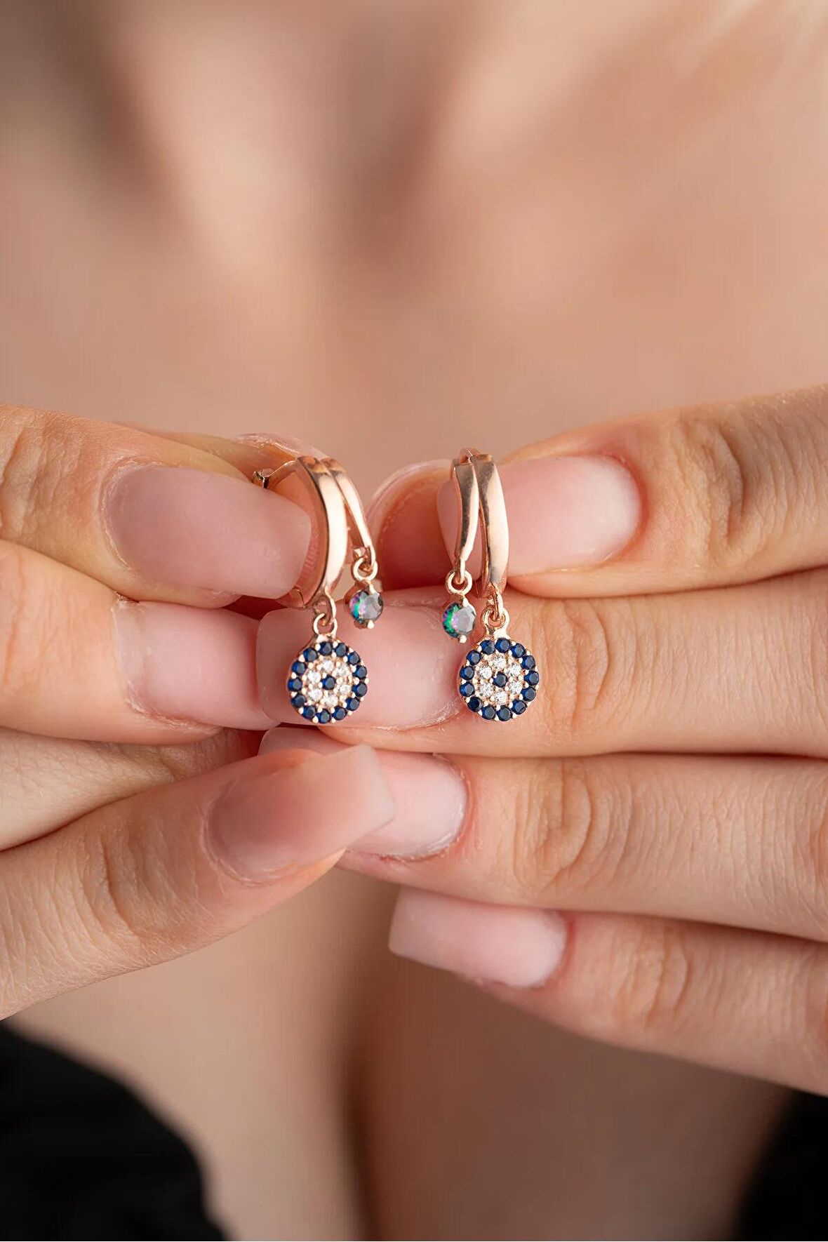 925 Ayar Gümüş Rose Mistik Topaz Taşlı 12 mm Nazar Küpe
