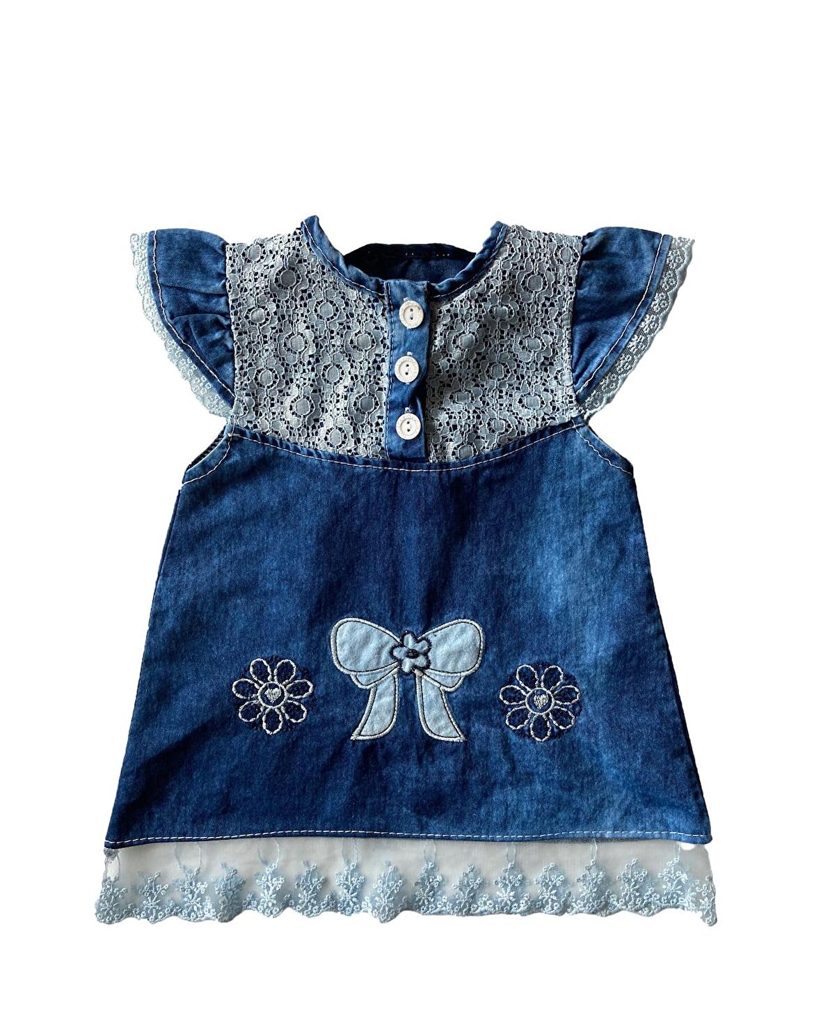 Kız Çocuk Denim Renk Kadife Kumaş Dantel İşlemeli Vintage Model Volanlı Elbise