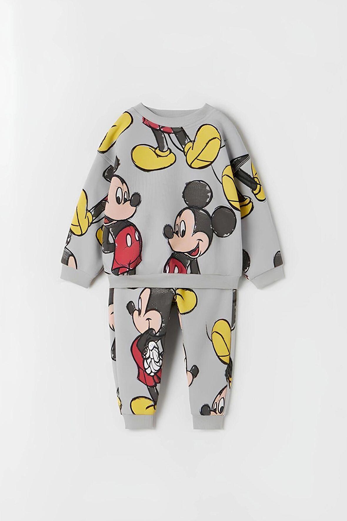 Unisex Çocuk Mickey Mouse Baskılı Gri 3 İplik Şardonsuz Kışlık Sweat ve Eşofman Alt Üst Takım