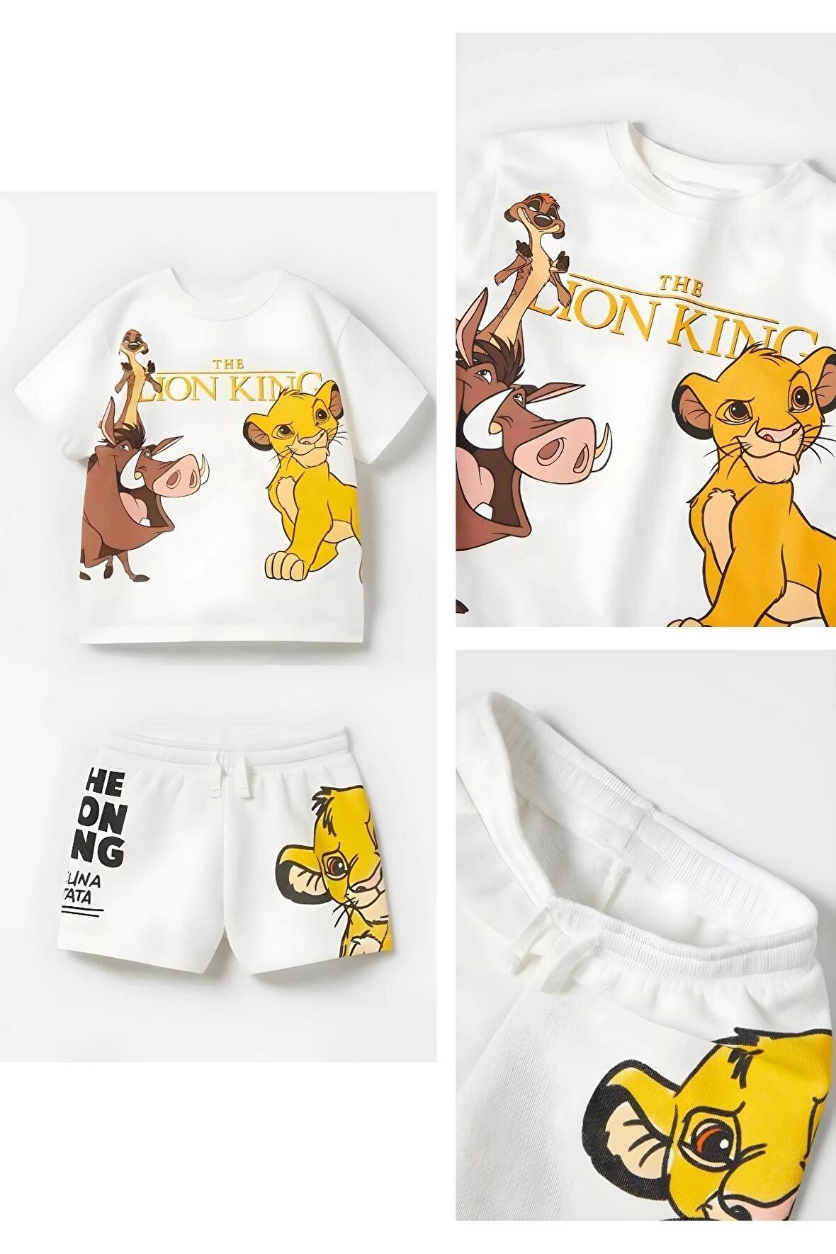 Unisex  Çocuk Aslan Lion King Baskılı Pamuklu Bisiklet Yaka Beyaz T-shirt ve Şort Alt Üst Takım