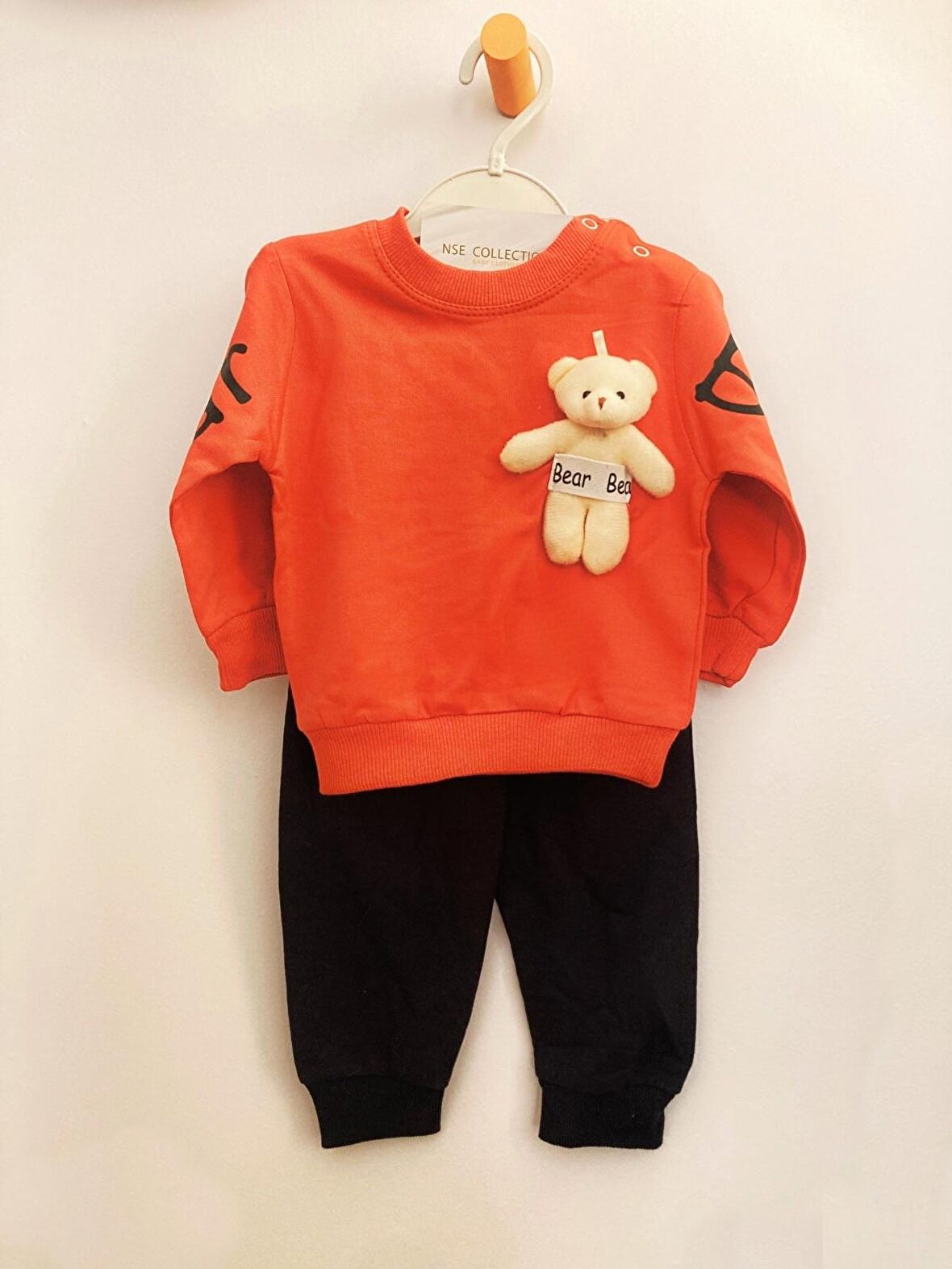 Unisex Bebek Nar Çiçeği Renk Oyuncak Ayılı Mevsimlik Sweatshirt ve Eşofman Alt Üst Takım