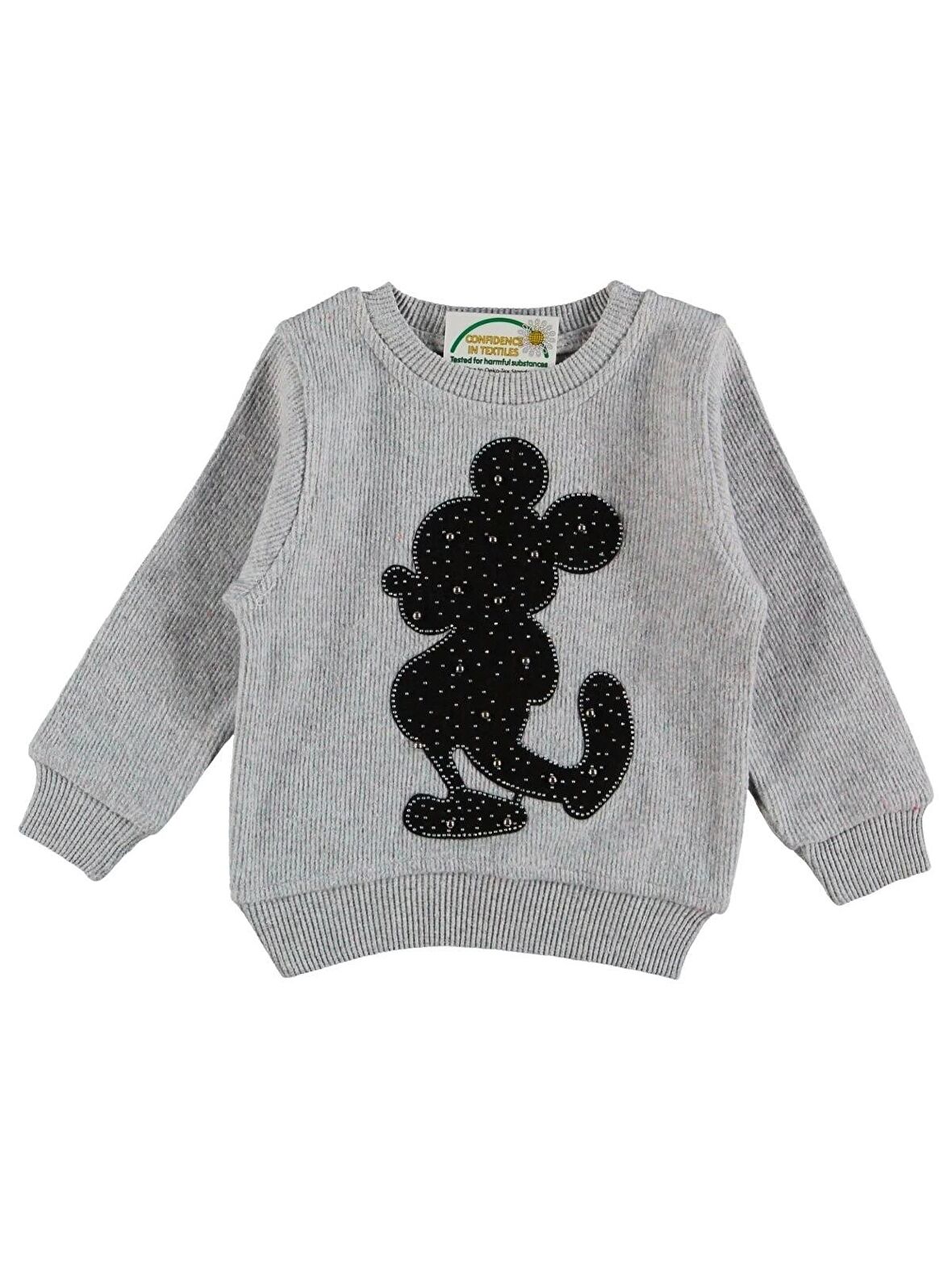 Kız Çocuk Gri Renk Selanik Kumaş Bisiklet Yaka İnci ve Taş Aksesuarlı Mickey Mouse Model Mevsimlik Kışlık Sweat