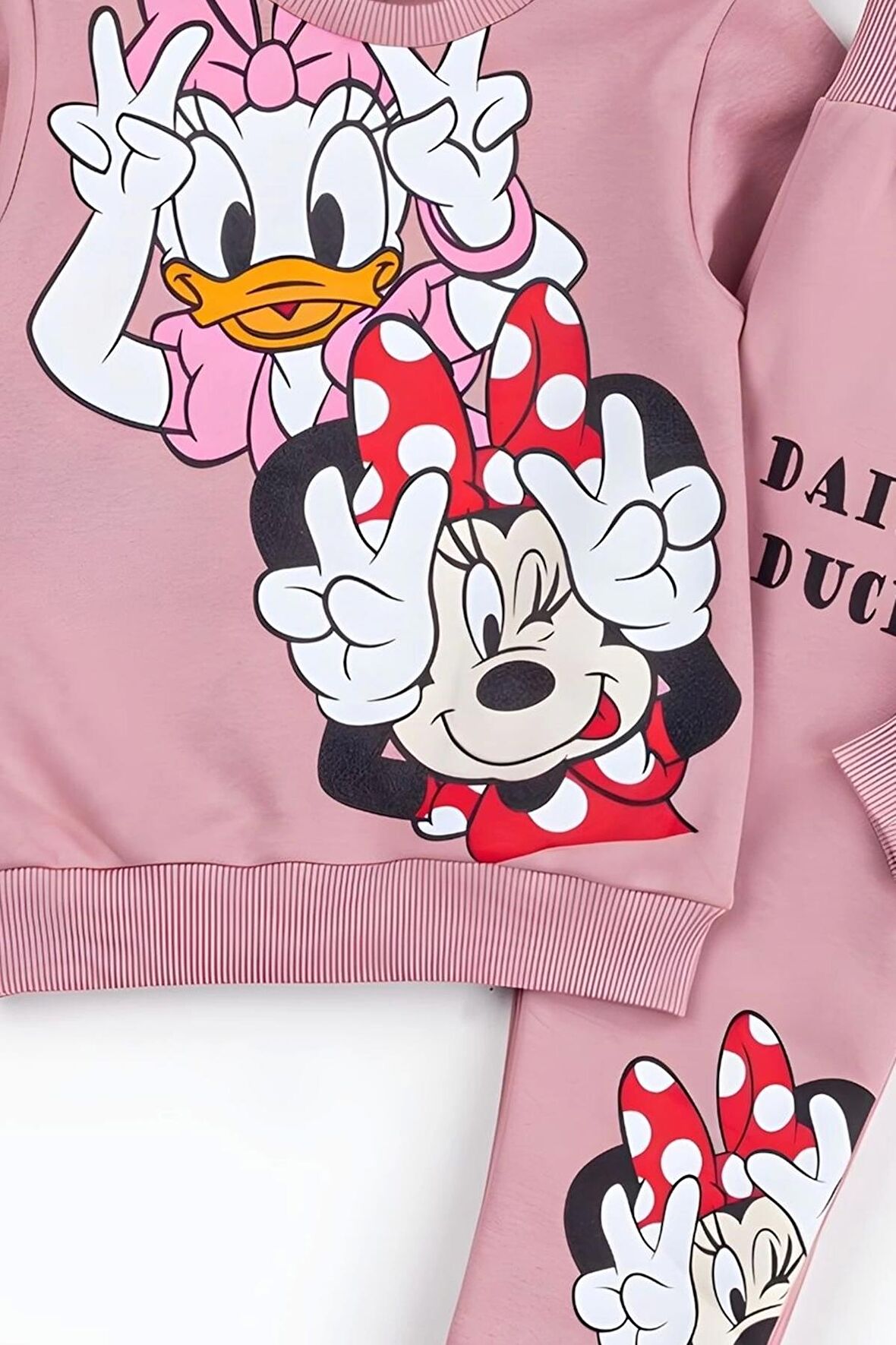 Kız Çocuk Minnie Mouse ve Daisy Duck Baskılı 3 İplik Şardonlu Kışlık Sweat ve Eşofman Alt Üst Takım