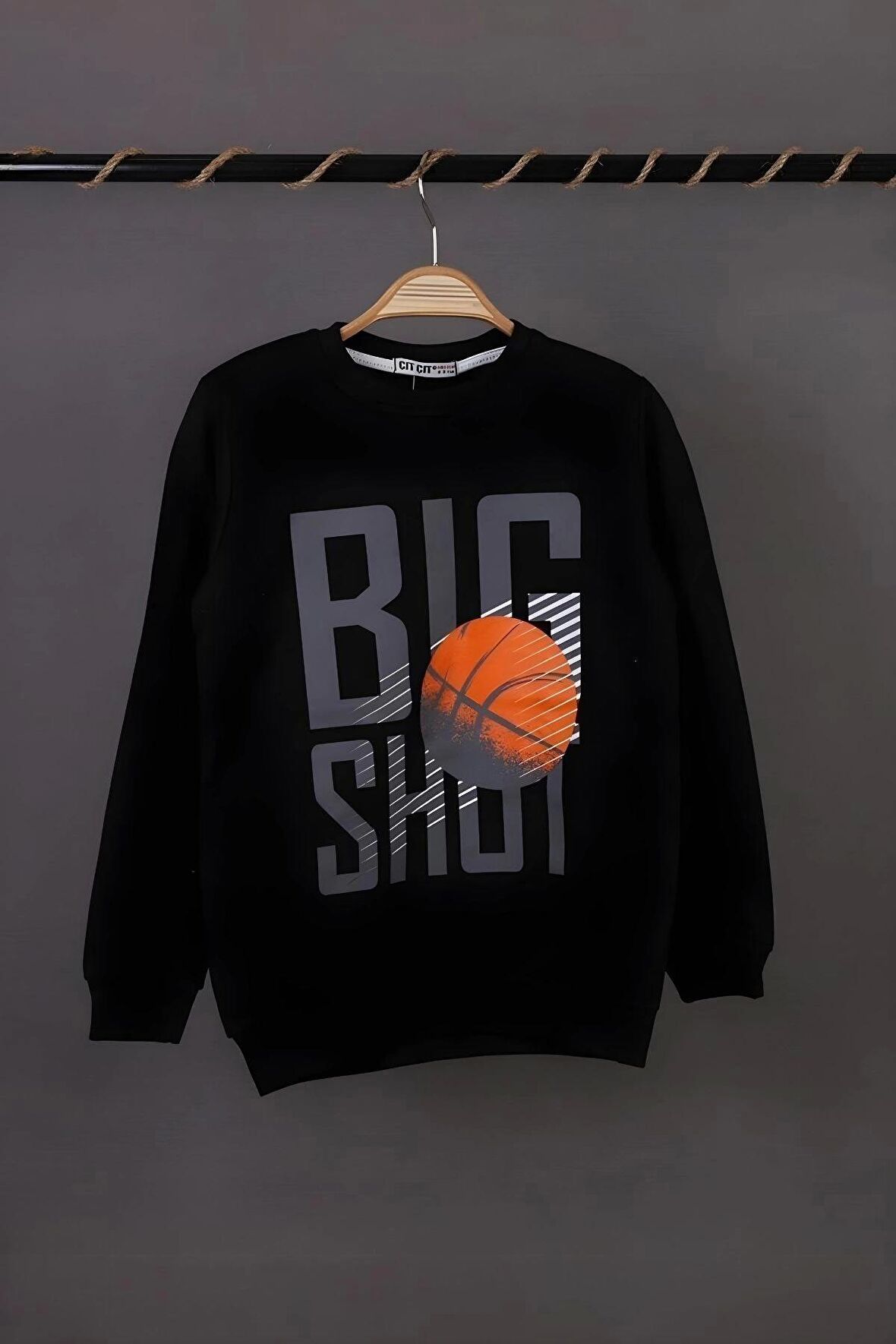 Erkek Çocuk Bisiklet Yaka Siyah Renk Big Shot Basketbol Baskılı 3 İplik Şardonsuz Basic Sweatshirt