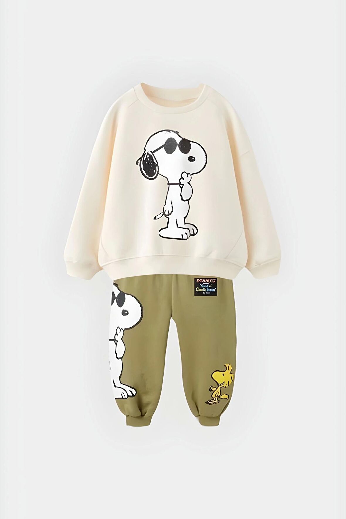 Unisex Çocuk Snoopy Baskılı Haki Pamuklu Kışlık Sweat ve Eşofman Alt Üst Takım