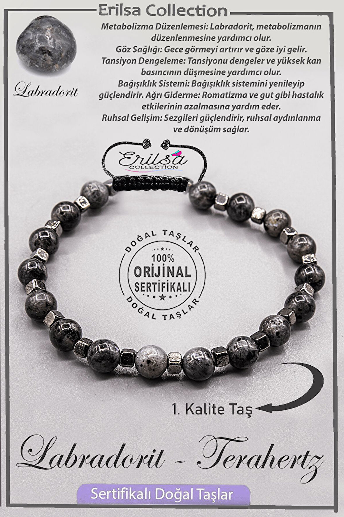 Sertifikalı AAA+ Kalite Gerçek Terahertz - Labradorit Taşı Bileklik