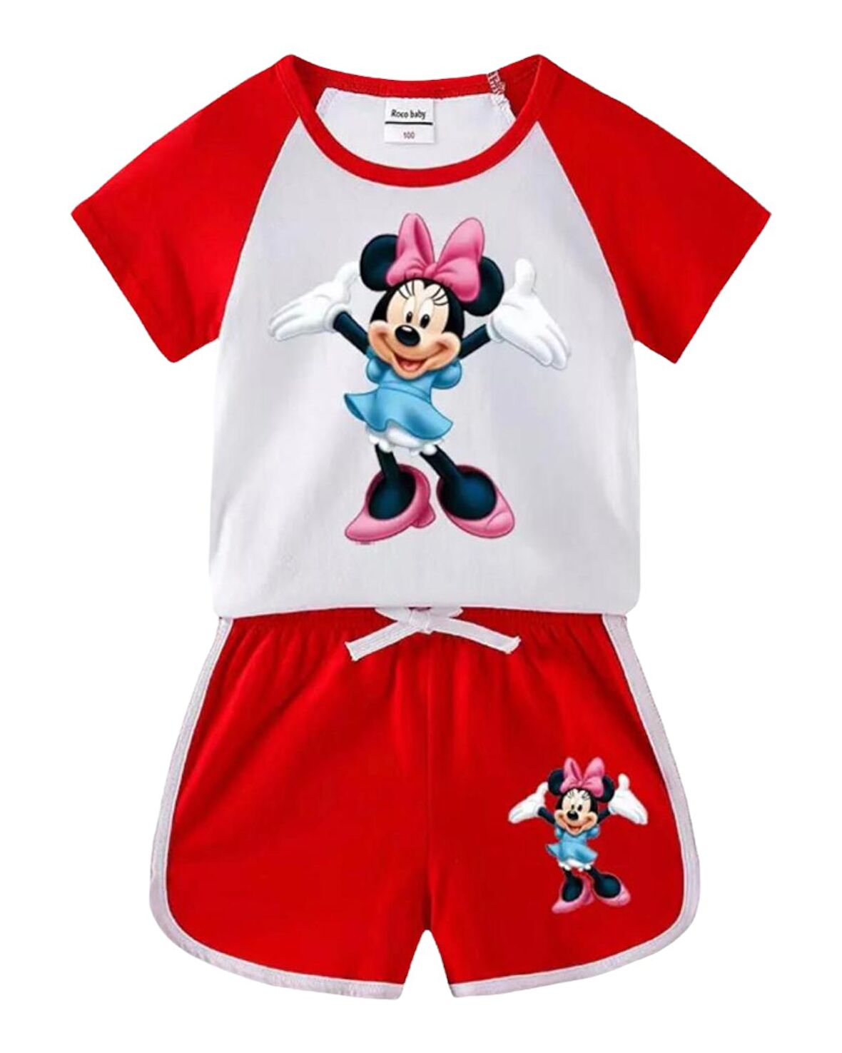 Neşeli Bebeklerimiz Fare Baskılı Kısa Kollu Kız Penye Şortlu Takım Kırmızı