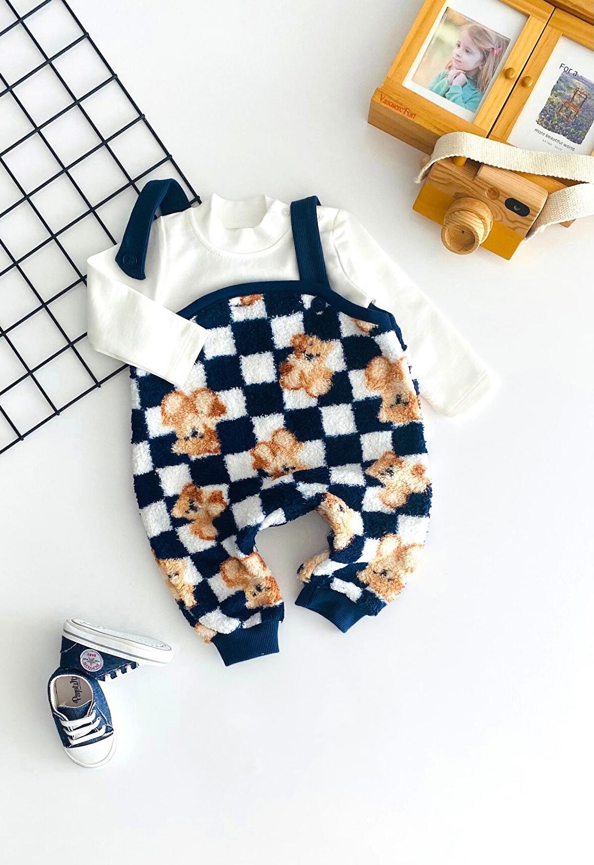 Neşeli Bebekler Liverpool Ayıcık Desen Welsoft Kumaş Salopet Takım Lacivert