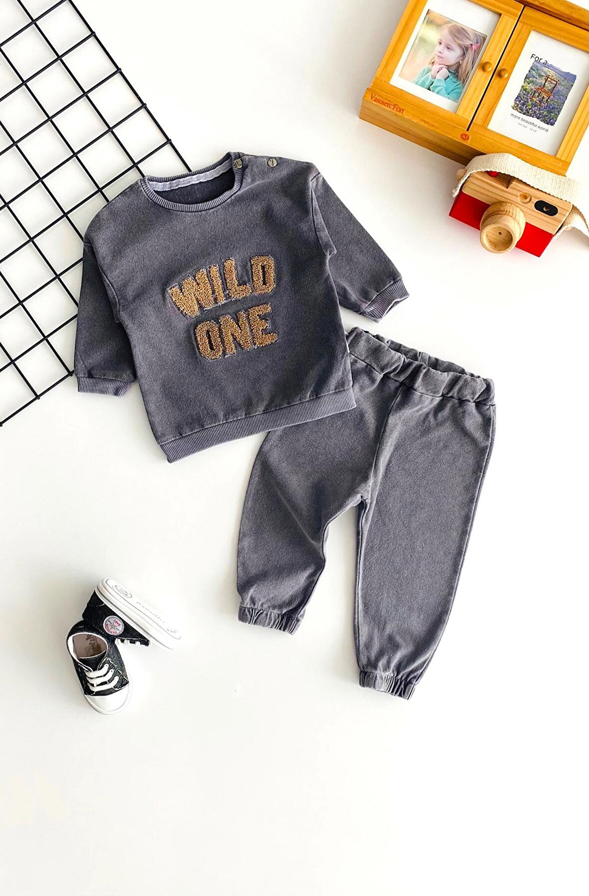 Neşeli Bebekler Wild One Nakışlı Kot Takım Siyah