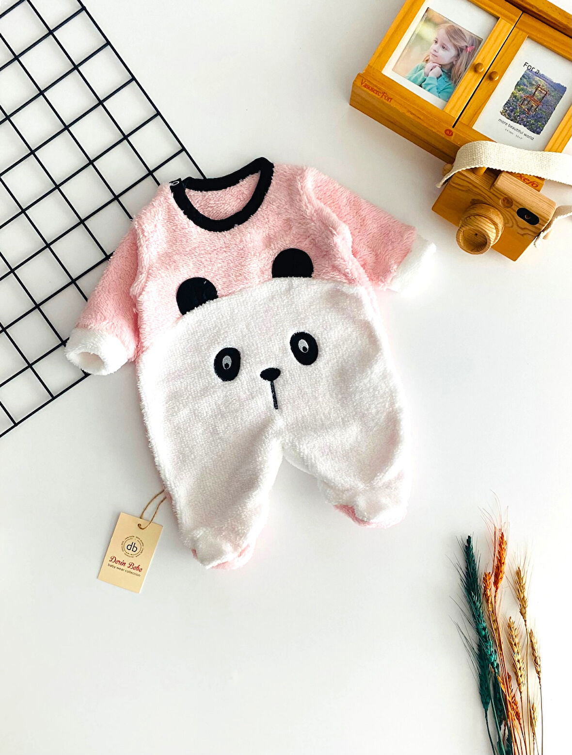 Neşeli Bebekler Panda Kabartma Desen Kendinden Patikli Welsoft Kumaş Tulum Pembe