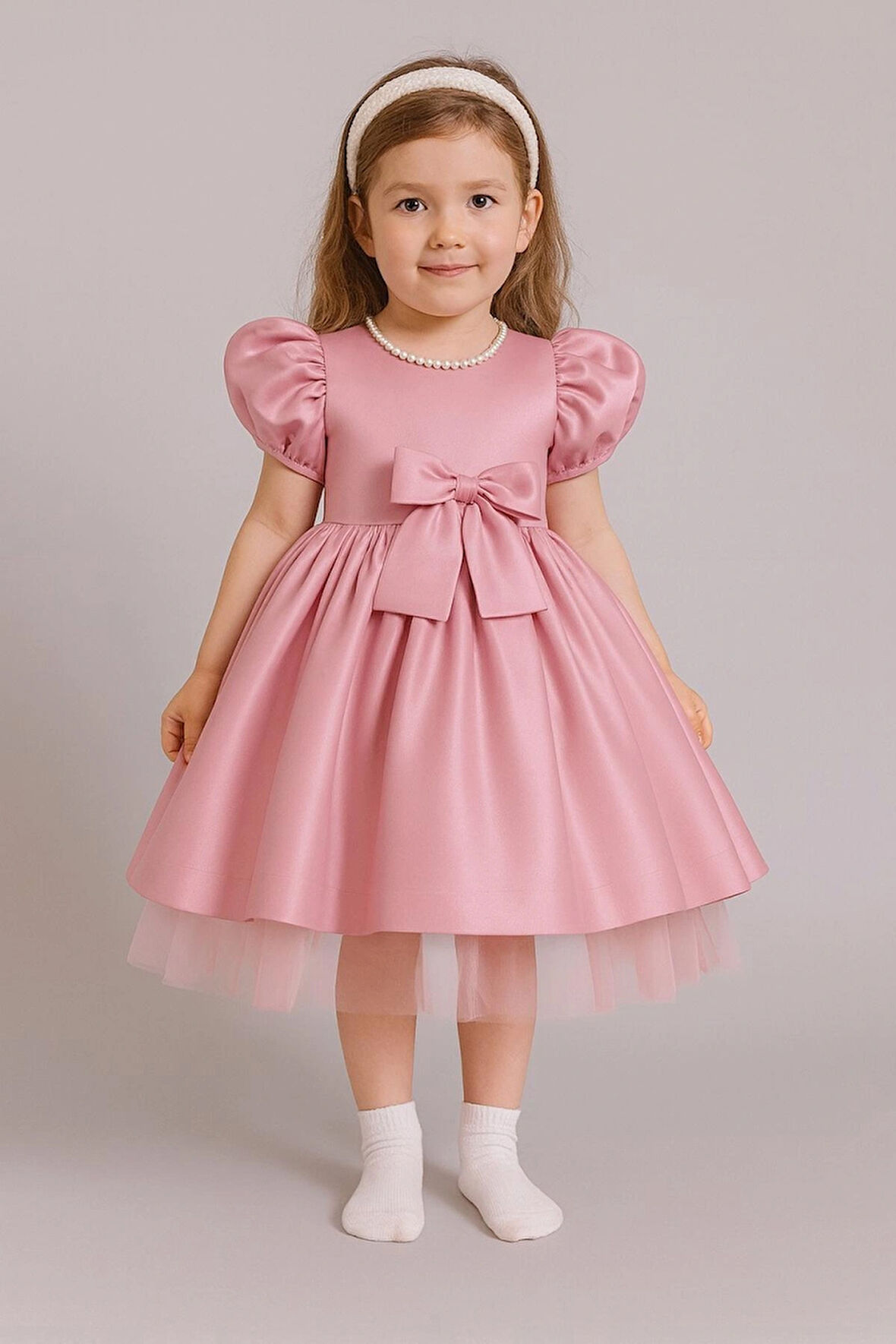 Kız Çocuk Ön Arka Fiyonk Detaylı Yaka Incili Balo Parti Mezuniyet Doğum Günü Elbise