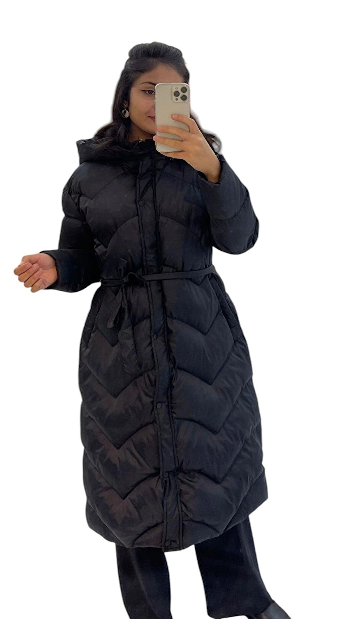 Kadın Siyah Çıkarılabilir Kapüşonlu Yaka Şişme Uzun Kollu Oversize Mont Kış için Şık Kadın Giyim