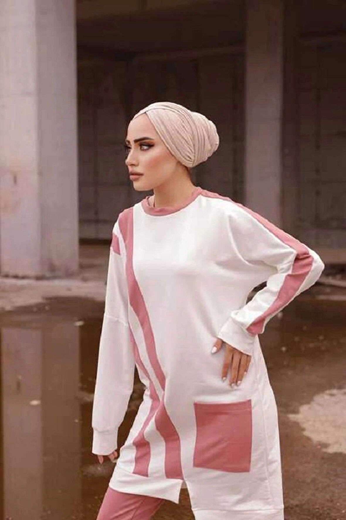 Kadın Şerit Detaylı Paçası Pensli Bisiklet Yaka Tek Cepli İkili Tunik Pantolon Alt Üst Takım