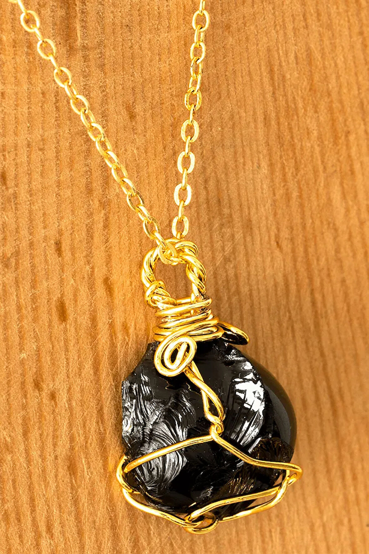 Sertifikalı Ham Tel Sargılı Obsidyen Taşı Kolye - Altın Kaplama