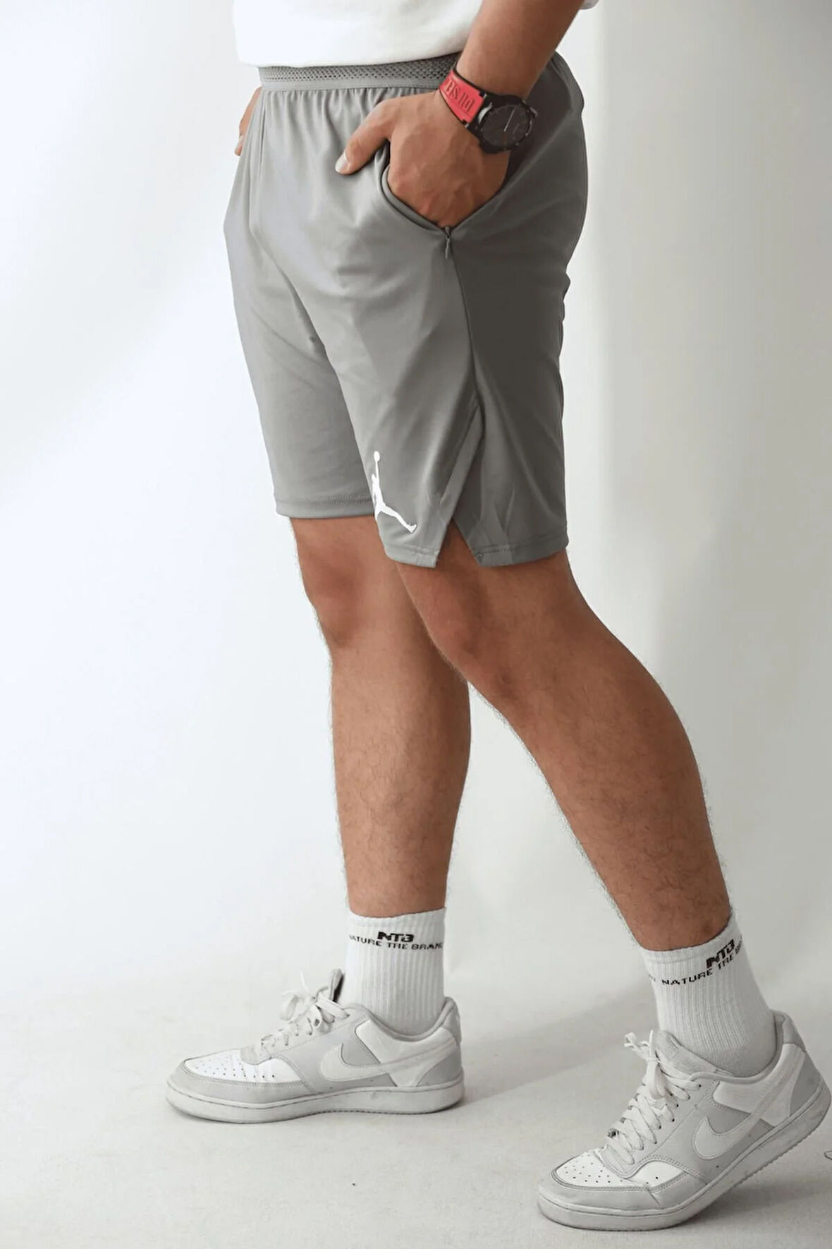 Erkek Gri Spor Şortu - Jordan Model Beli Lastikli ve Cepli Şort, Basketbol Şortu, Jordan