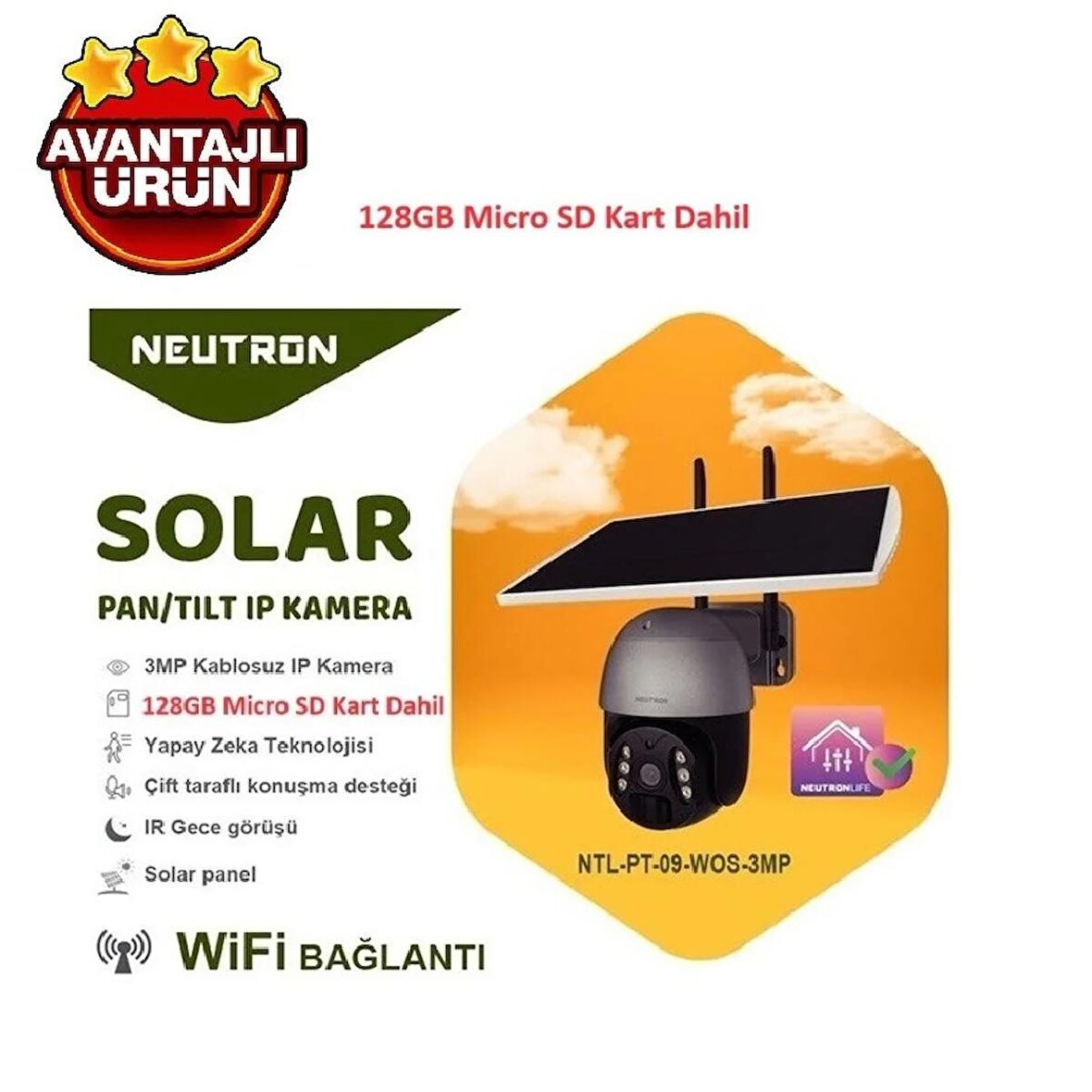 Neutron NTL-PT-09-WOS-3MP 3mp Kablosuz Wifi PAN/TİLT Dış Mekan Solar IP Kamera 128GB SD Kart Dahil
