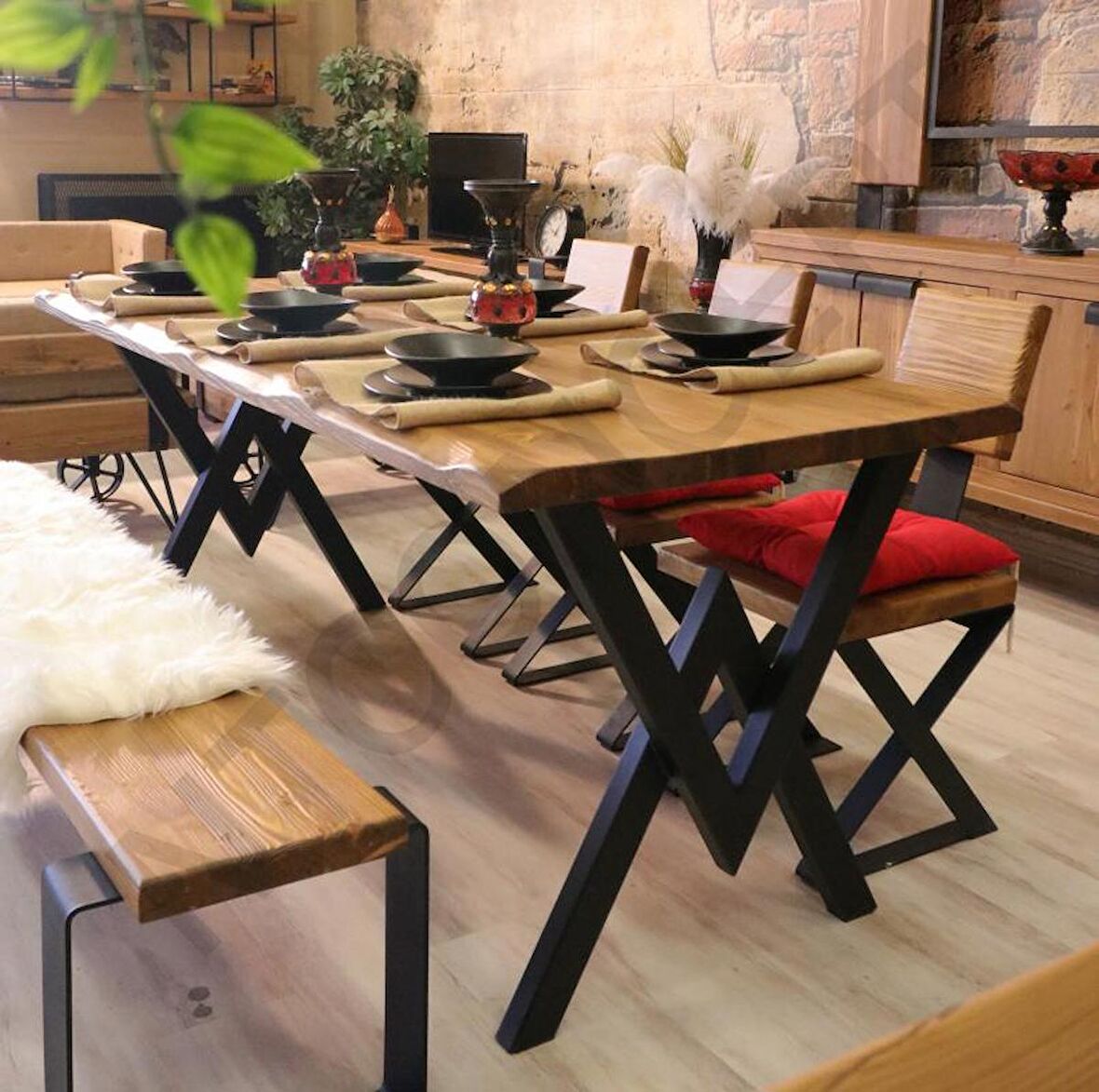 Ntconcept Kalın Kenar Loft Sandalyeli Doğal Ahşap Yemek Masası Takımı +4 Sandalye 60x120 cm