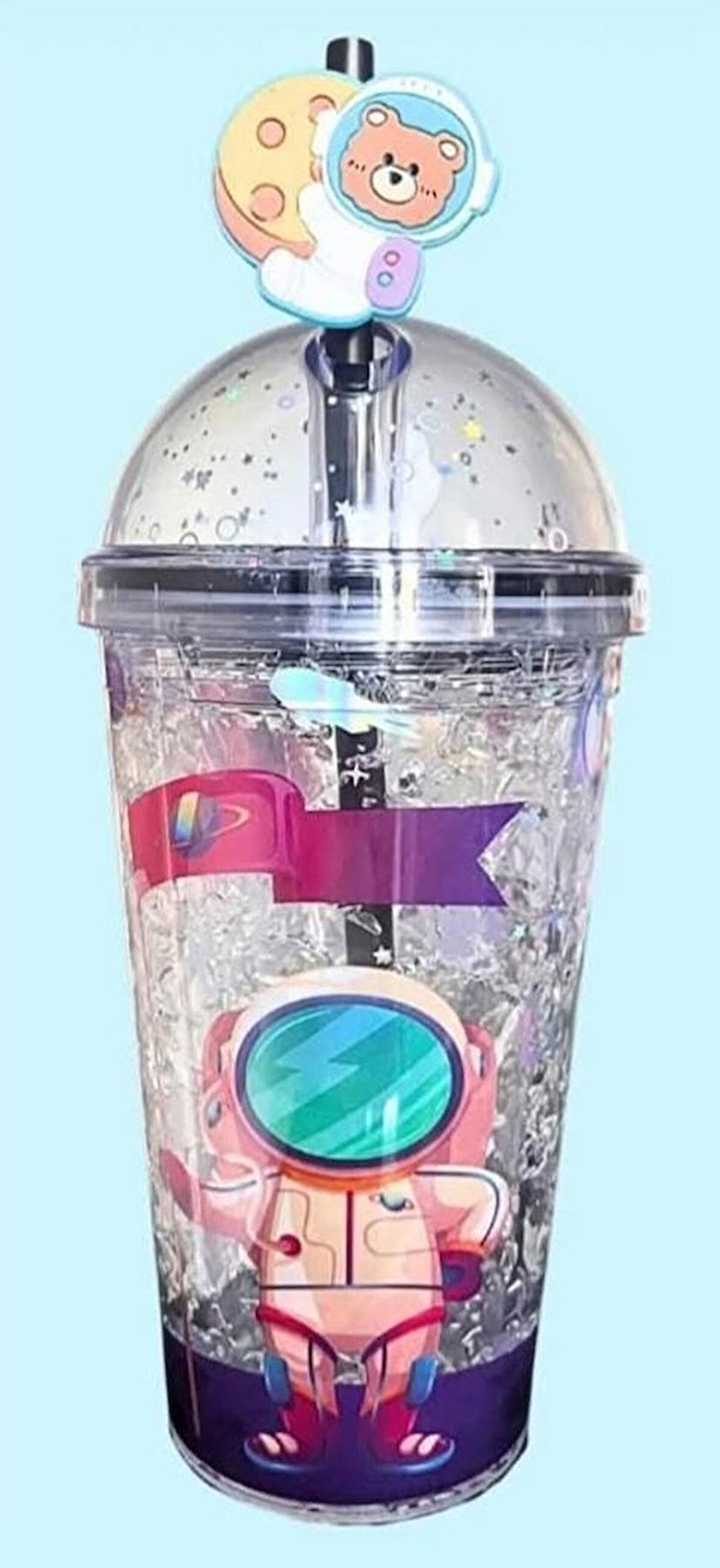 PİPETLİ BARDAK MATARA SEVİMLİ SULUK 450 ml  ÇİFT  ASTRONOT FİGÜRLÜ