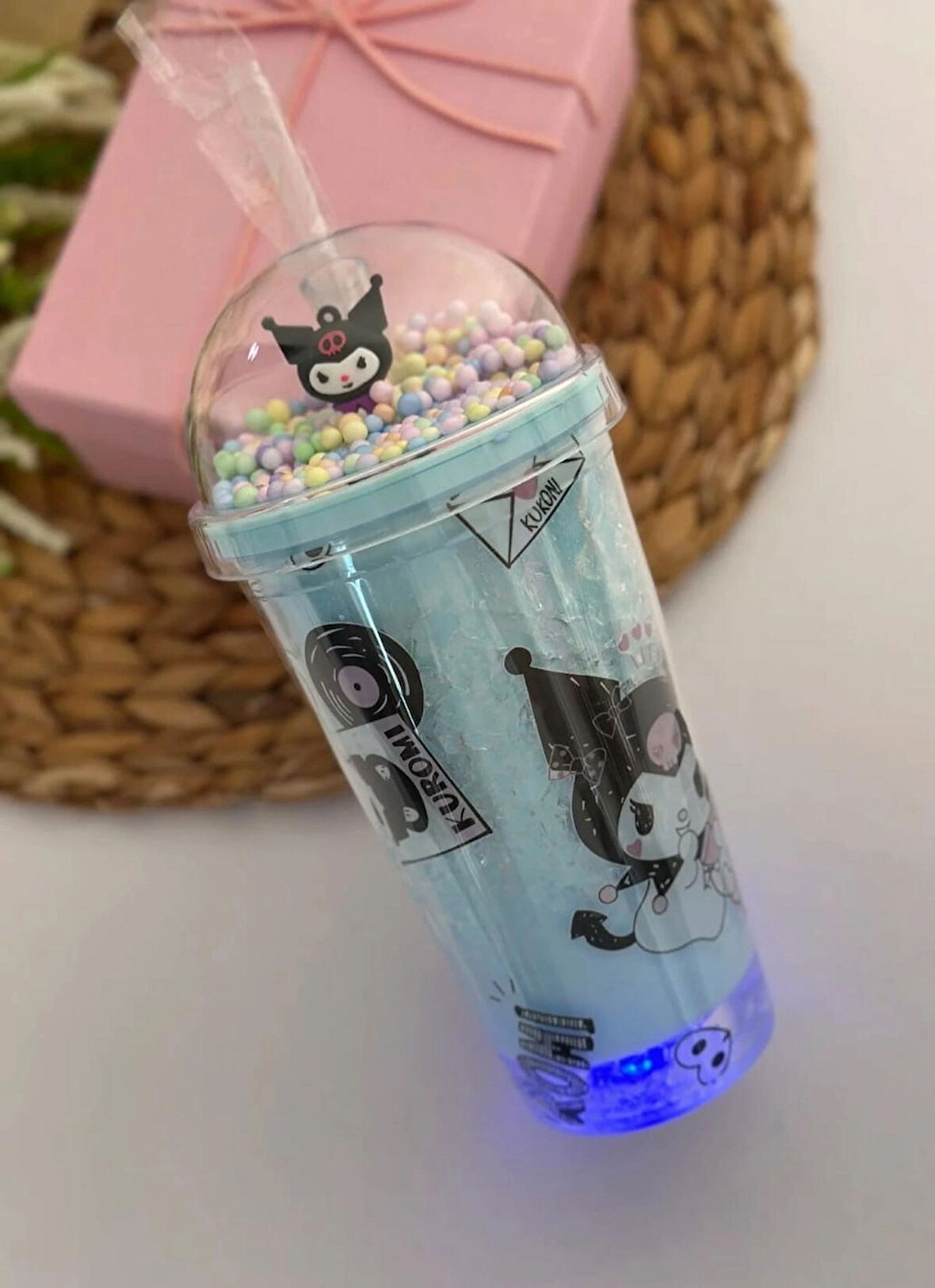 HEDİYELİK IŞIKLI BARDAK MATARA PİPETLİ ÇİFT KATMANLI MAVİ RENK