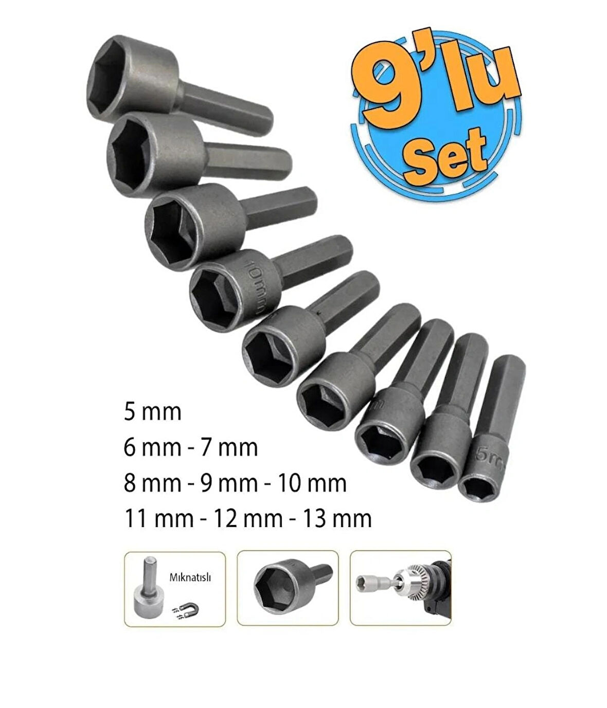 Manyetik Mıknatıslı 5 6 7 8 9 10 11 12 13 mm Somun Civata Adaptör Seti CRV Metal Matkap Uyumlu Uç