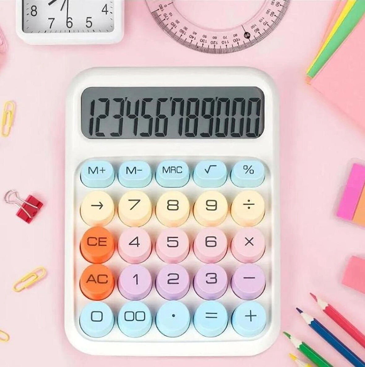 12 Haneli Güneş Enerjili Hesap Makinesi Açılı Geniş Ekran, Çift Güç Kaynağı Solar Pil BEYAZ RENK