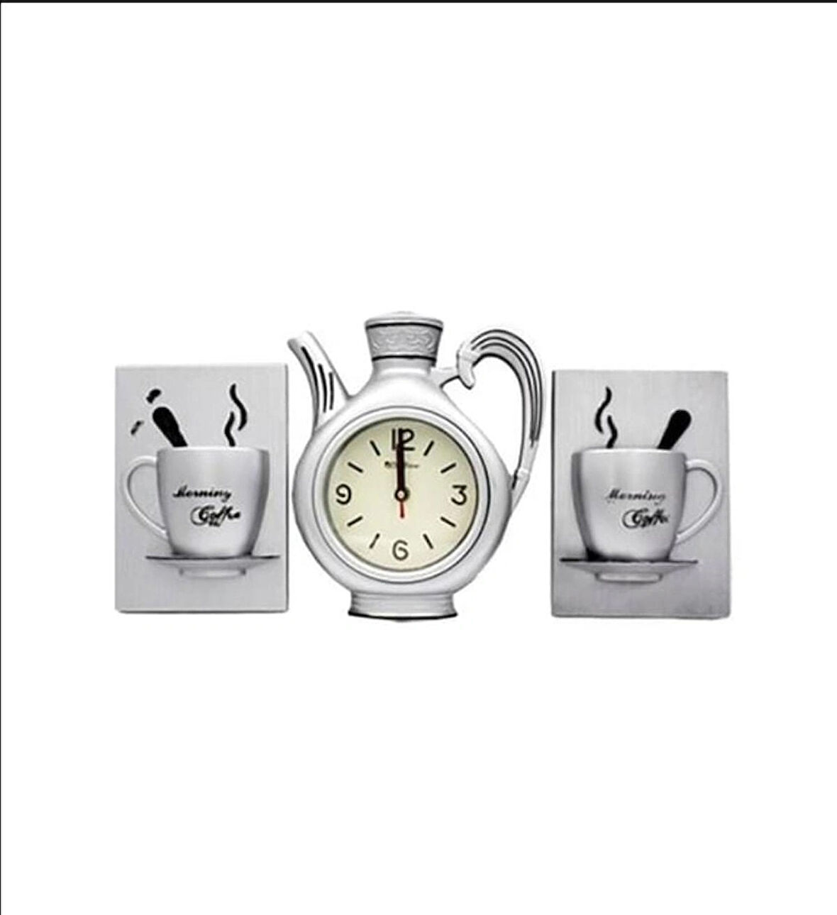 FİNCAN DEKORLU 3 LÜ DEKORATİF MUTFAK SAATİ GRİ RENK